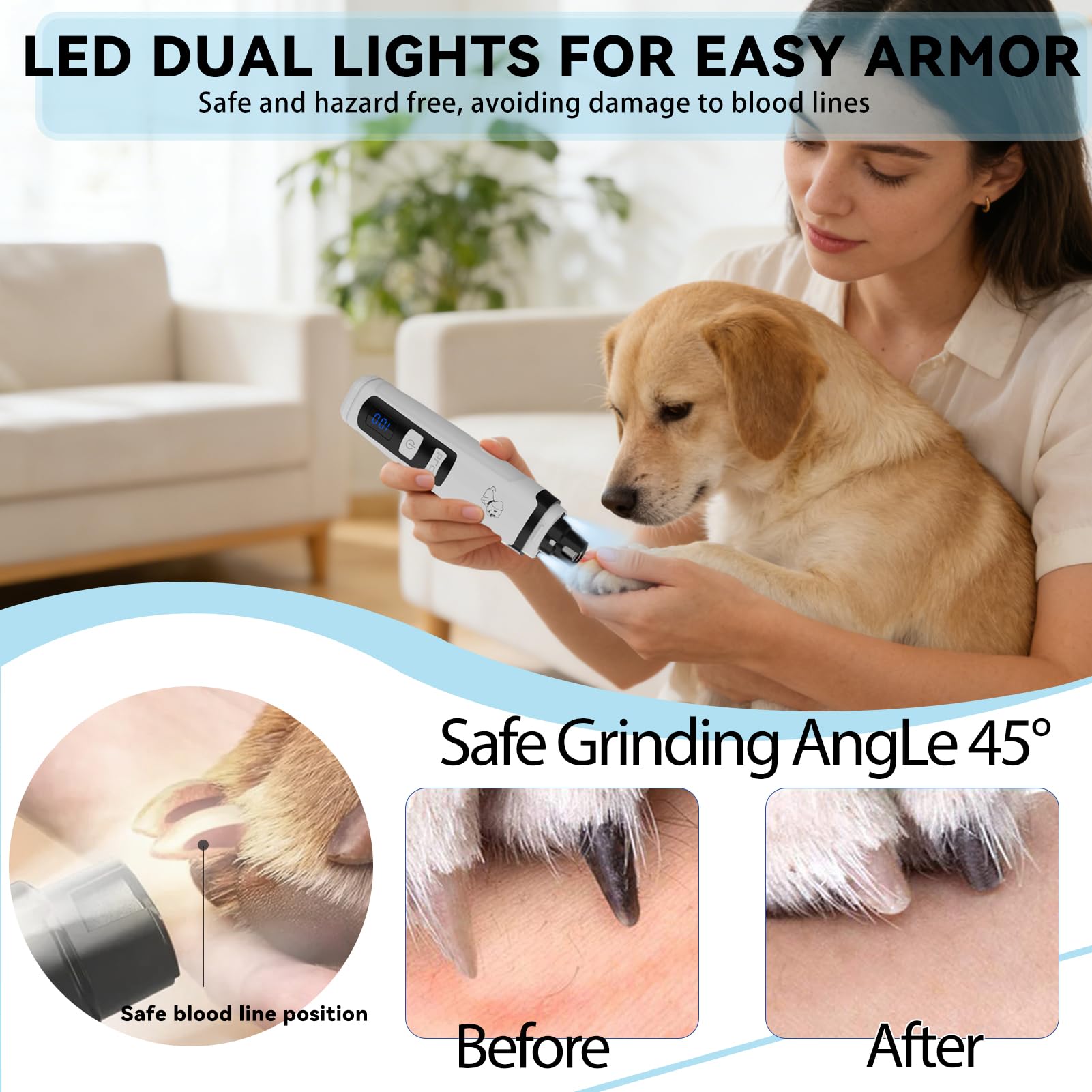 Dog Nail Grinder,Quiet Dog Nail Grinder for Large Medium Small Dogs Paw & Cats Claw, Dual Light USB Rechargeable Electric 2-Speed Pet Toenail Grooming Supplies, Gifts for Cat/Dog Lovers (M2) - image 4
