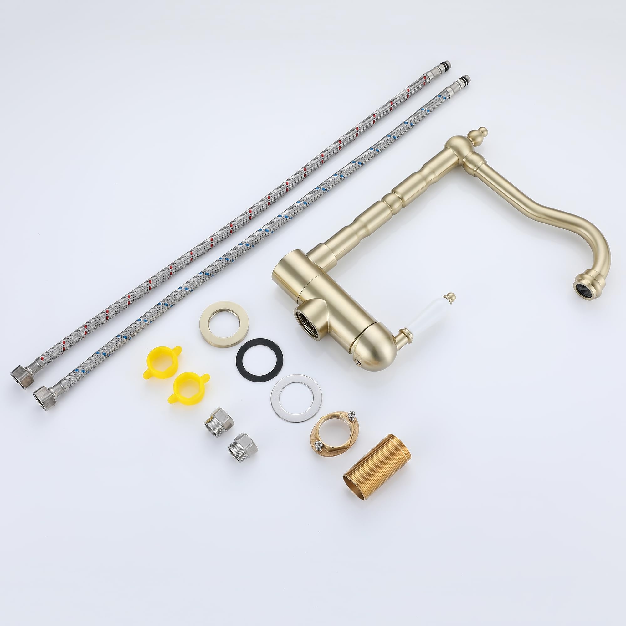 Vorfenster Küchenarmatur Gold Gebürstet, Hochdruck Wasserhahn Küche Gold Gebürstet, Flexible Mischbatterie Küche 360° Drehbare/180° Faltbar/Schwenkbarer Auslauf, Hochdruck Armatur Küche Aus Brass