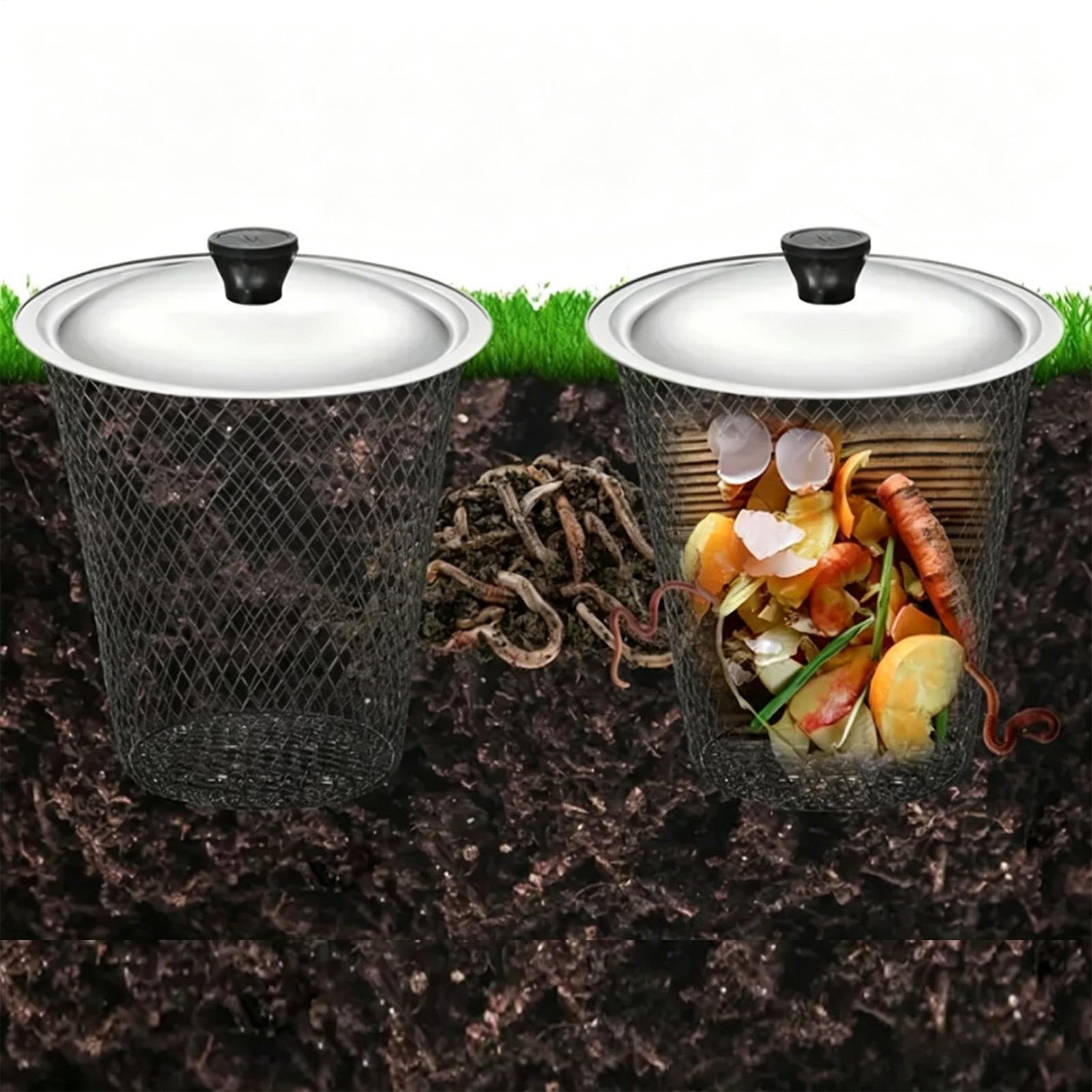 Compostador Subterráneo 2 Piezas Productor Fundición Malla Metálica | Cesta Lombricompostaje Con Tapa Para Residuos Jardín Agricultura Urbana Jardinería Y Restos Cocina Fertilizante Vegetal