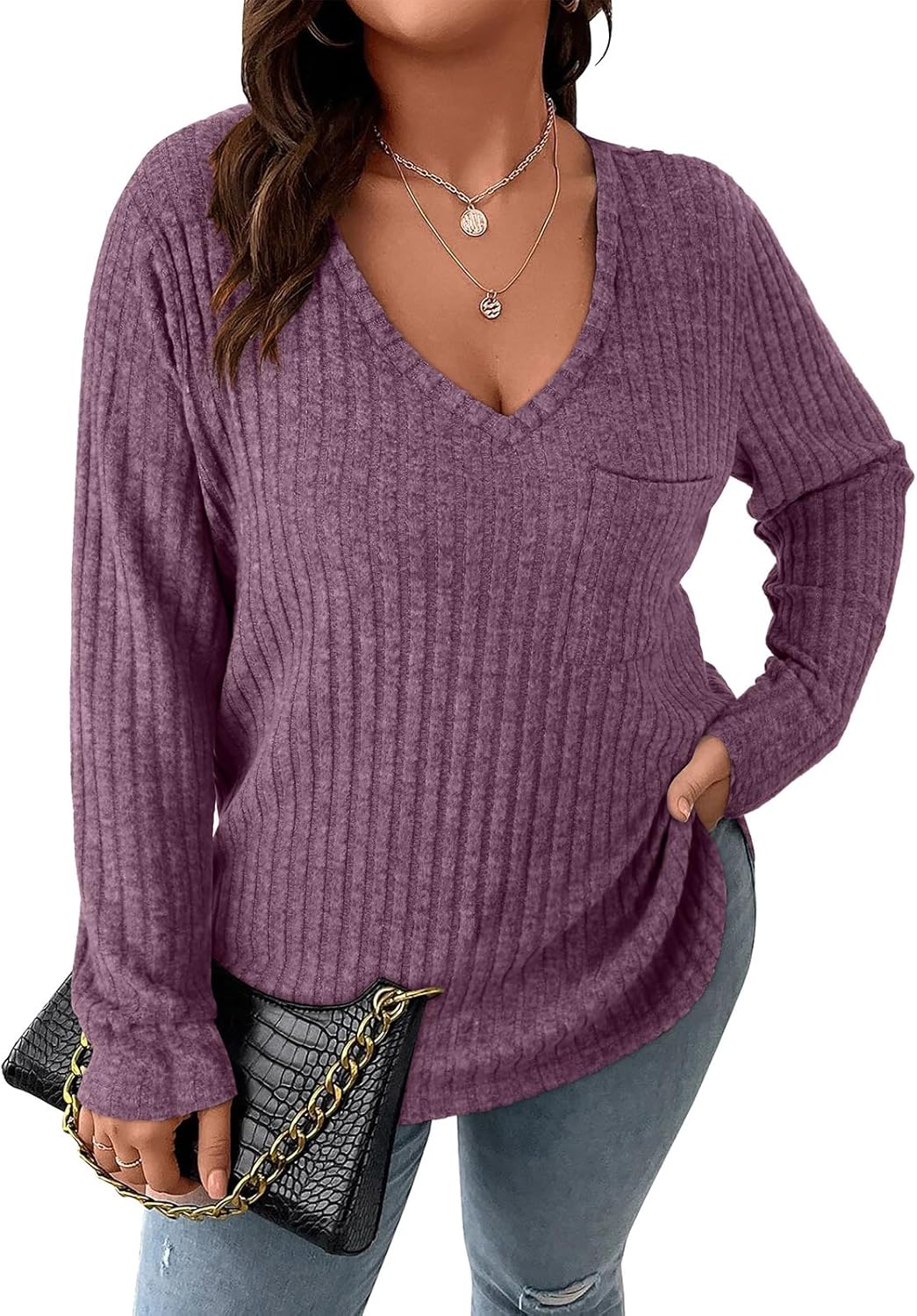 Koscacy Women Plus Size Casual Knit Sweater with Pocket V Neck Solid Color Tops Lightweight Long Sleeve Blouses - Image 5