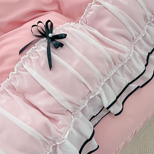 Miniatura 3 de IHOUSTRIY Juego de funda de edredón rosa tamaño matrimonial, juego de ropa de cama con volantes y corbatín, juego de funda de edredón de 3 piezas