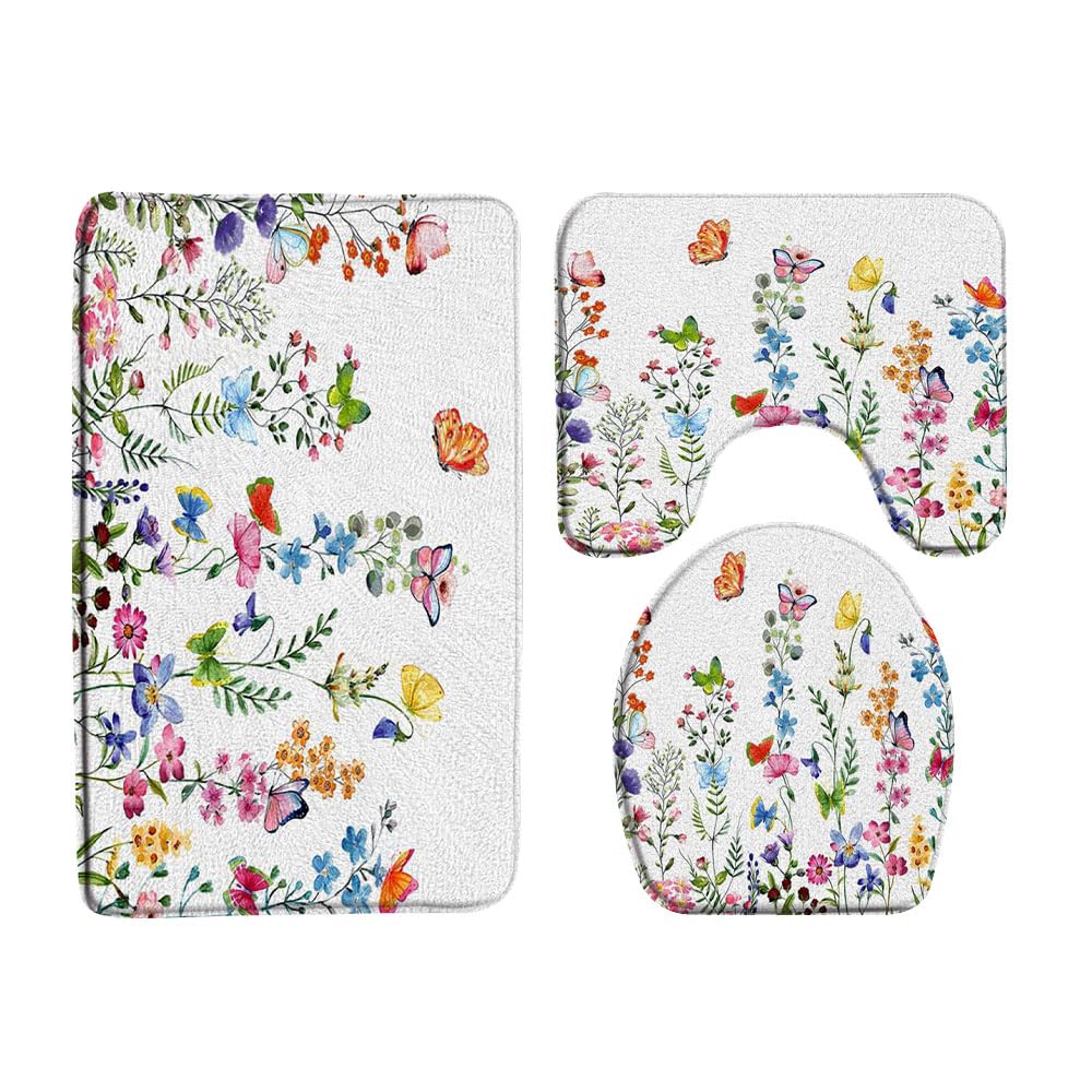 Floral 3 Pcs Bath Rugs Set,Watercolor Wildflower Butterfly Rustic Flower Botanical Boho Nature Colorful Spring Bathroom Kitchen Rug with 17.8