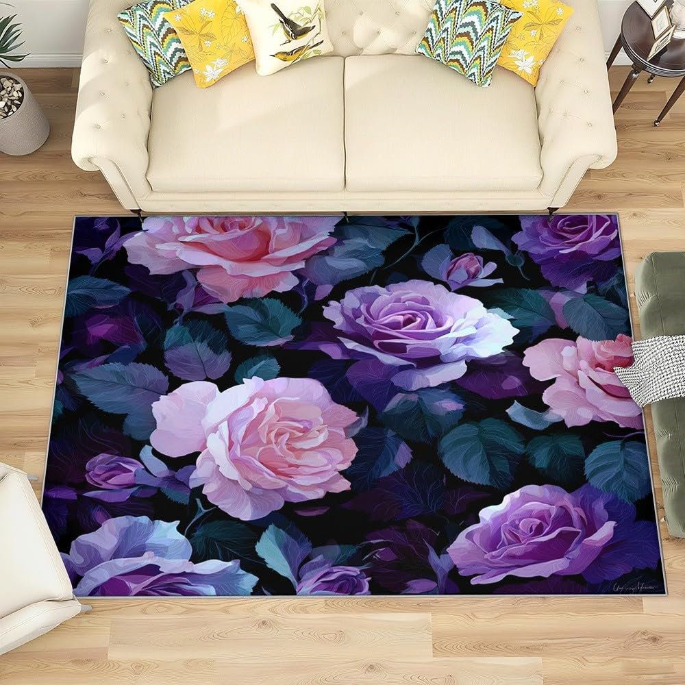 Dywanik antypoślizgowy do salonu, sypialni, 120 x 180 cm, zmywalny, odporny na plamy, niski runo, motyw fioletowej róży, duży dywan, miękki, odporny na blaknięcie, fioletowy, dekoracja domu, biura
