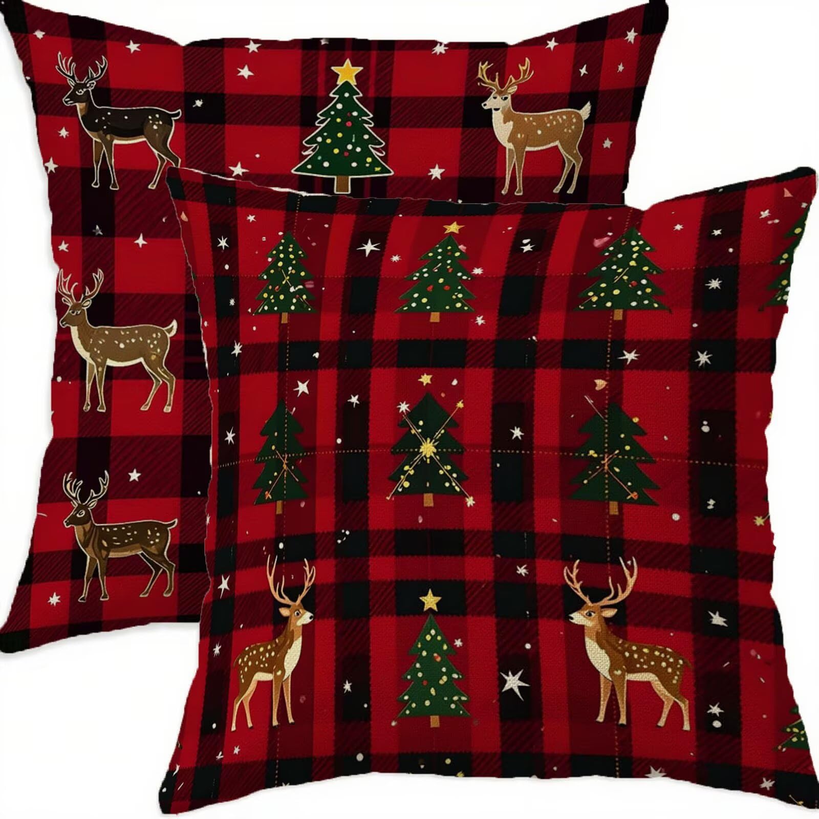 Housse coussin Noël 65x65cm rouge et lin pour décoration de canapé hiver