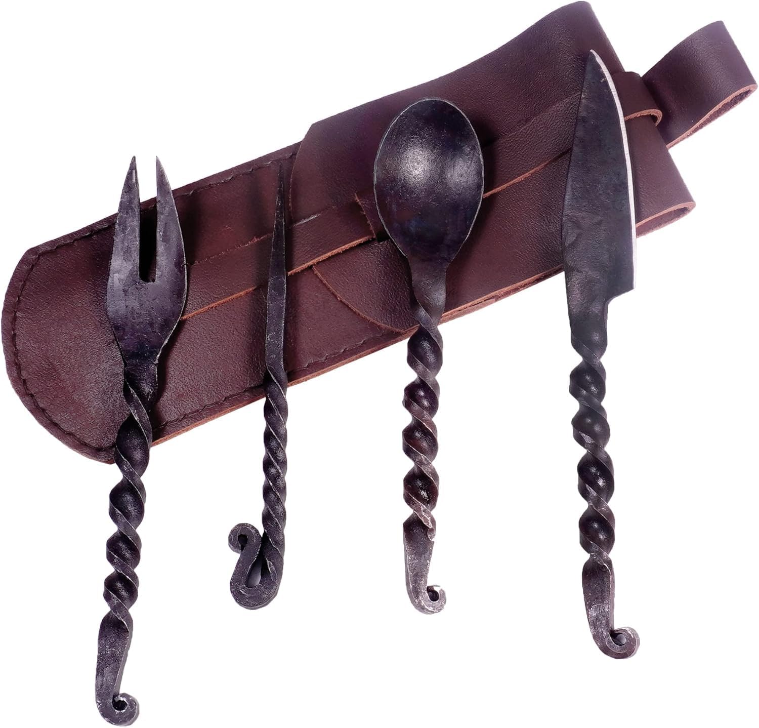 Hand-Forged Medieval Twisted Dining Hall Eating Feasting Utensils set of 4 Piece Functional Fork Knife Spoon and Food Stick Medieval Eating Set