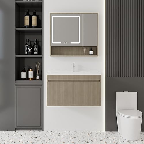 Miniatura 252 de Tocador de baño de 20 pulgadas con lavabo de cerámica, tocador de baño pequeño montado en la pared con puerta de cierre suave, gabinete flotante