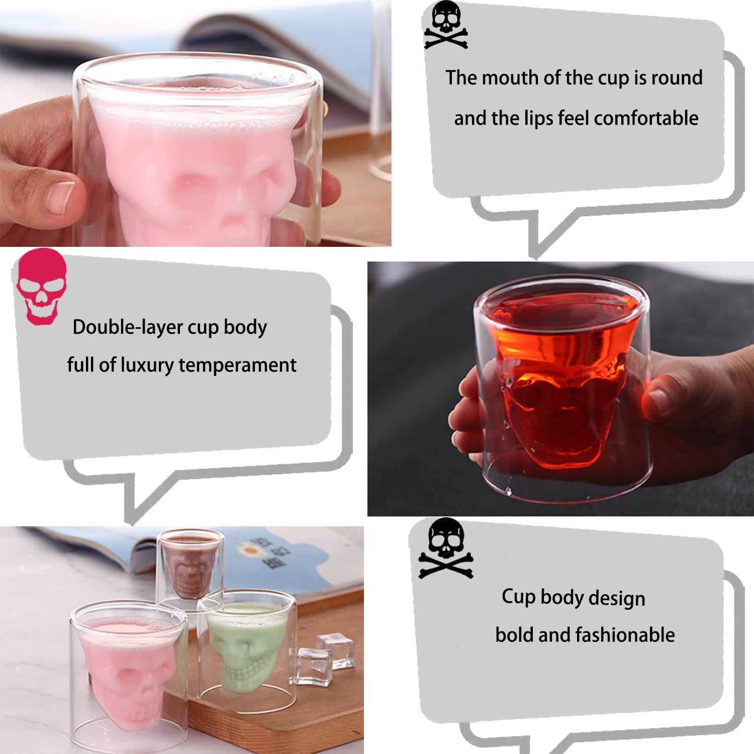 4 Pezzi 75 ml Bicchieri Da Liquore a Forma Di Teschio, Bicchieri Teschio, Tazze Da Caffè a Forma Di Cranio, Vetro Borosilicato Ad Alto Contenuto Di Boro, Trasparente, per Vino, Vodka, Feste, Domestico