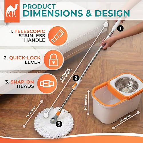 Miniatura 4 de Grazie Juego de trapeador giratorio y cubeta – Sistema de autoescurriente de 360°, mango de acero inoxidable – Limpieza de suelos manos libres para