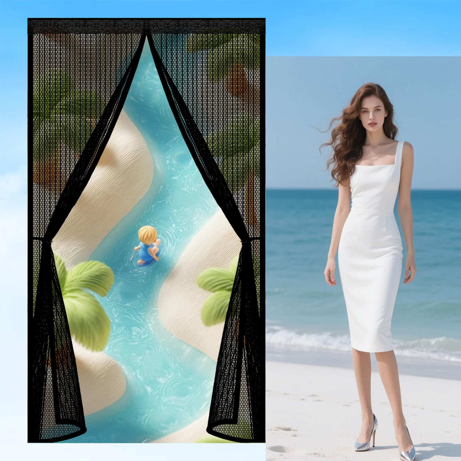 Magnetic Fly Screen 55 x 165 cm Keep Bugs Out, Full Frame Magic Tape, Powerful Magnets, Self Sealing, No Drill Installation, Magnetic Door Curtain for Balcony Bedroom Doors, Black