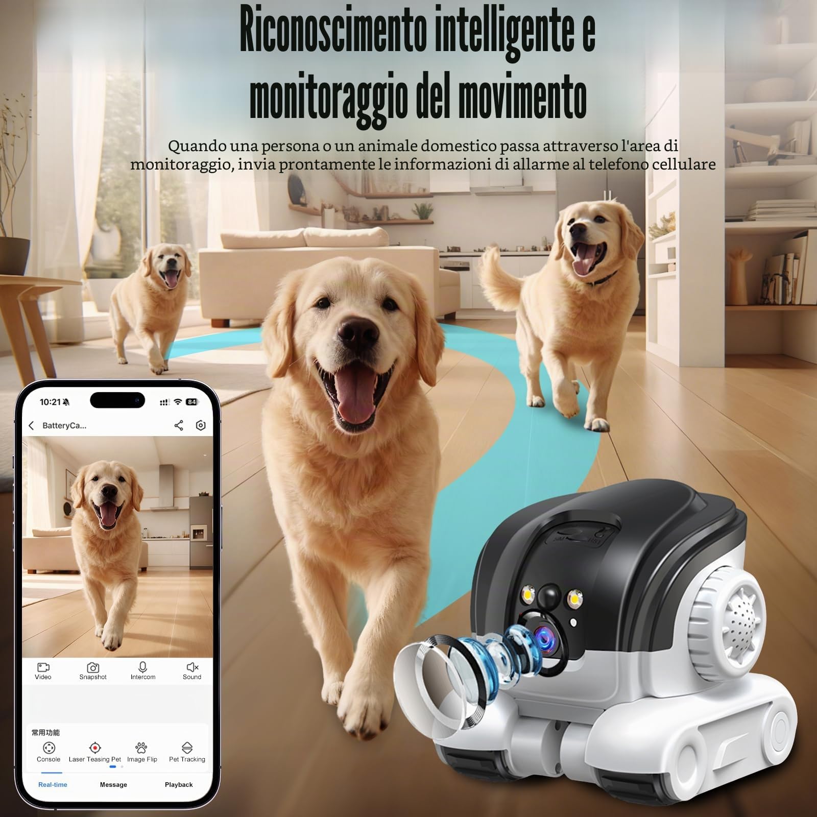 Robot de Caméra, 1080P Doppia Fotocamera Robotica, Fotocamera Mobile WiFi per Animali Domestici con Crociera Automatica, Audio Bidirezionale e Visione Notturna per Animali da Compagnia