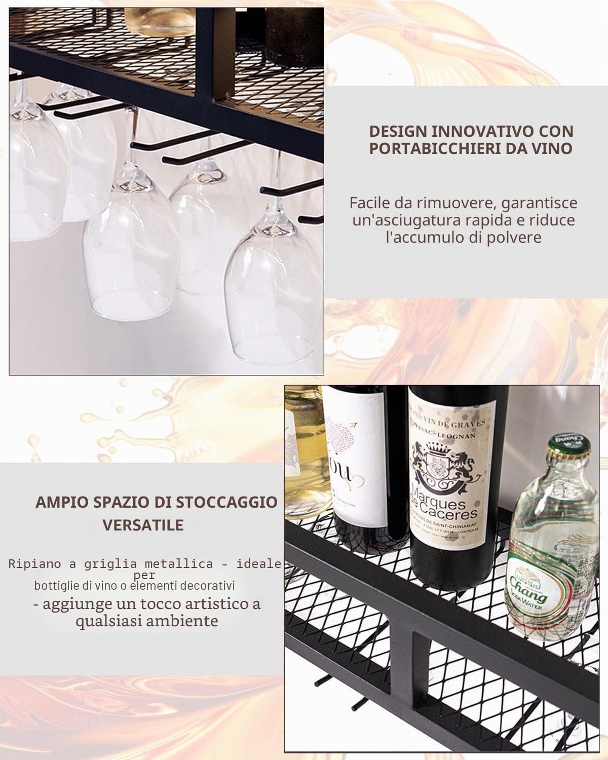 Portabottiglie da Parete con Portabicchieri a LED, Scaffale Moderno in Metallo 100 cm a 3 Livelli, Mensola Bar per Casa, Cucina e Locale Commerciale