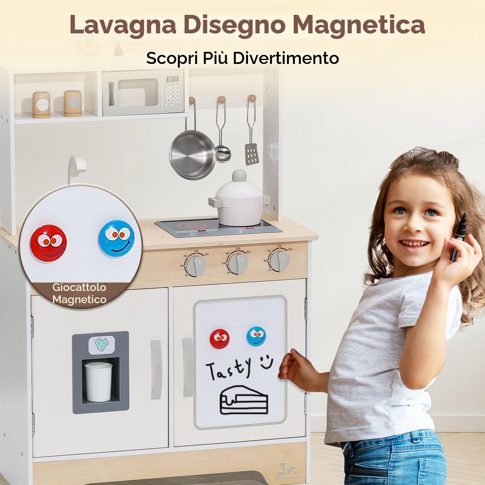 SainSmart Jr. Cucina giocattolo in legno per bambini, color crema, con suoni, microonde e lavello con rubinetto, cucina per bambini con fornello, forno e frigorifero, gioco di ruolo a partire dai 3