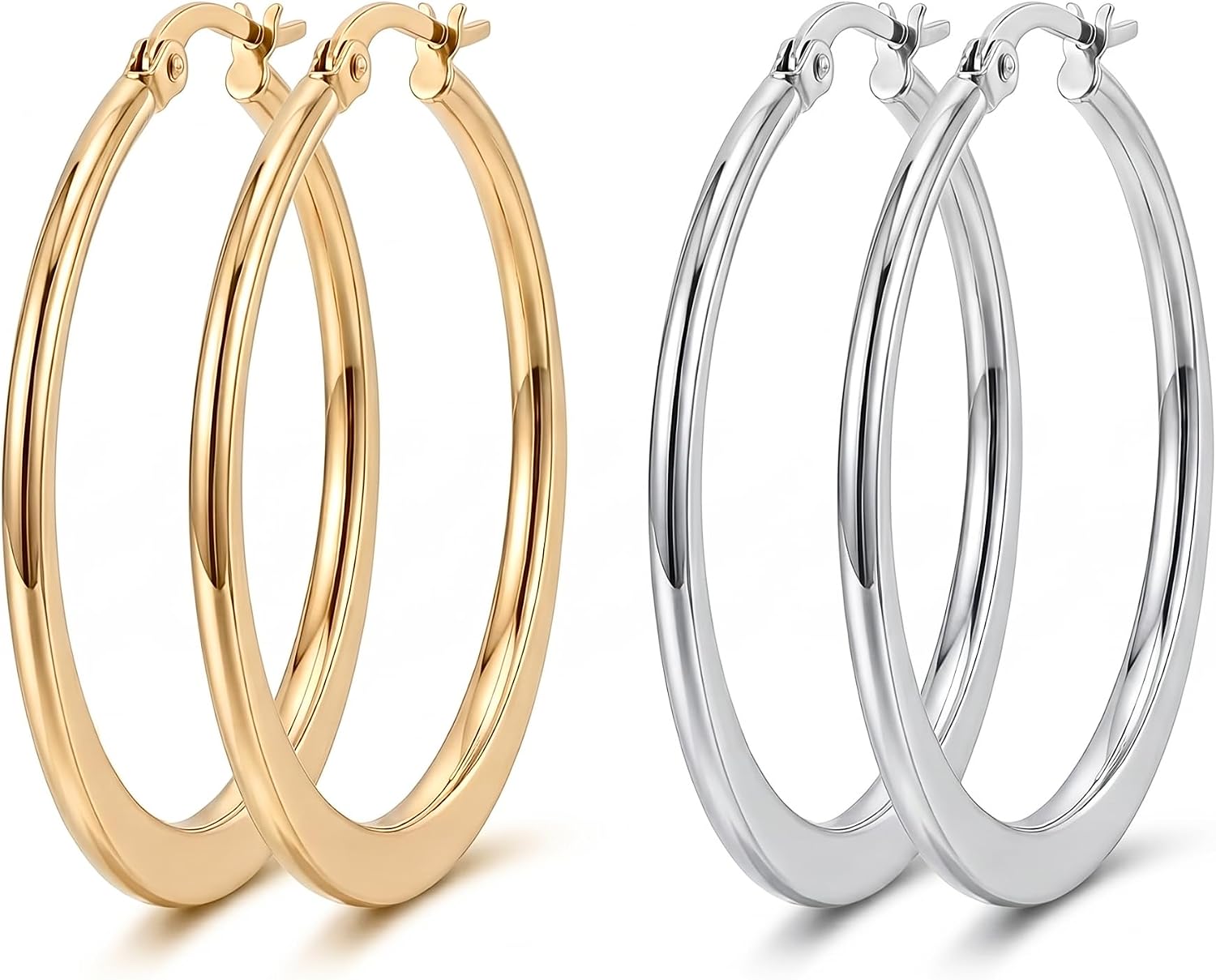 14K Gold Hoop Earrings for Women, White & Yellow Gold, 2-Pair Set, Waterproof