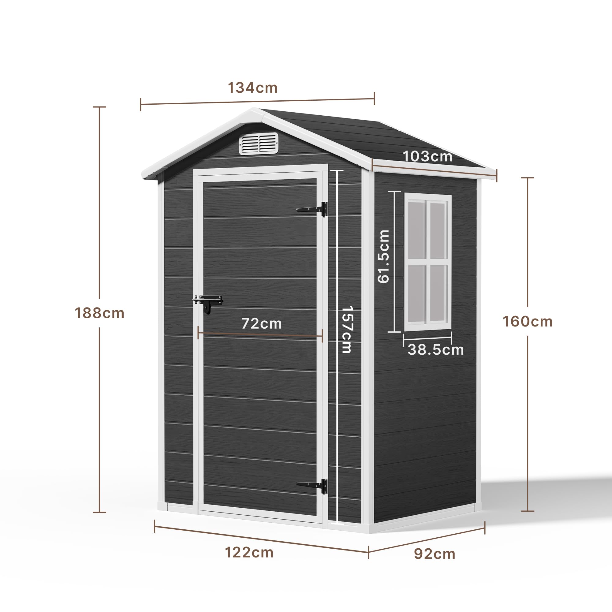Abri de Jardin en Résine, Cabane à Outils Imperméable avec Fenêtre et Ventilation, Abri de Rangement Verrouillable pour Outils de Jardin, 122 x 92 x 188 cm (Noir)