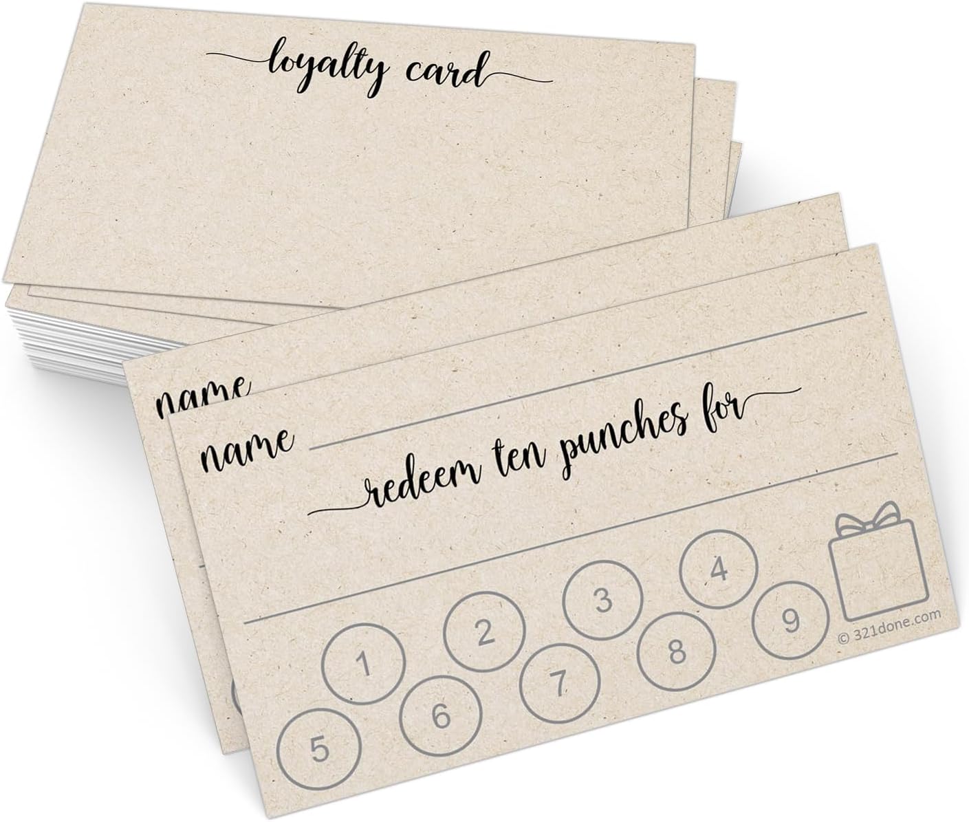 321Done Loyalty Punch Cards (Set of 50) or Customer Loyalty Reward Card (50 Cards) 3.5" x 2", Business Card Size, Redeem 10 Punches or Visit for Prize, Kraft Tan