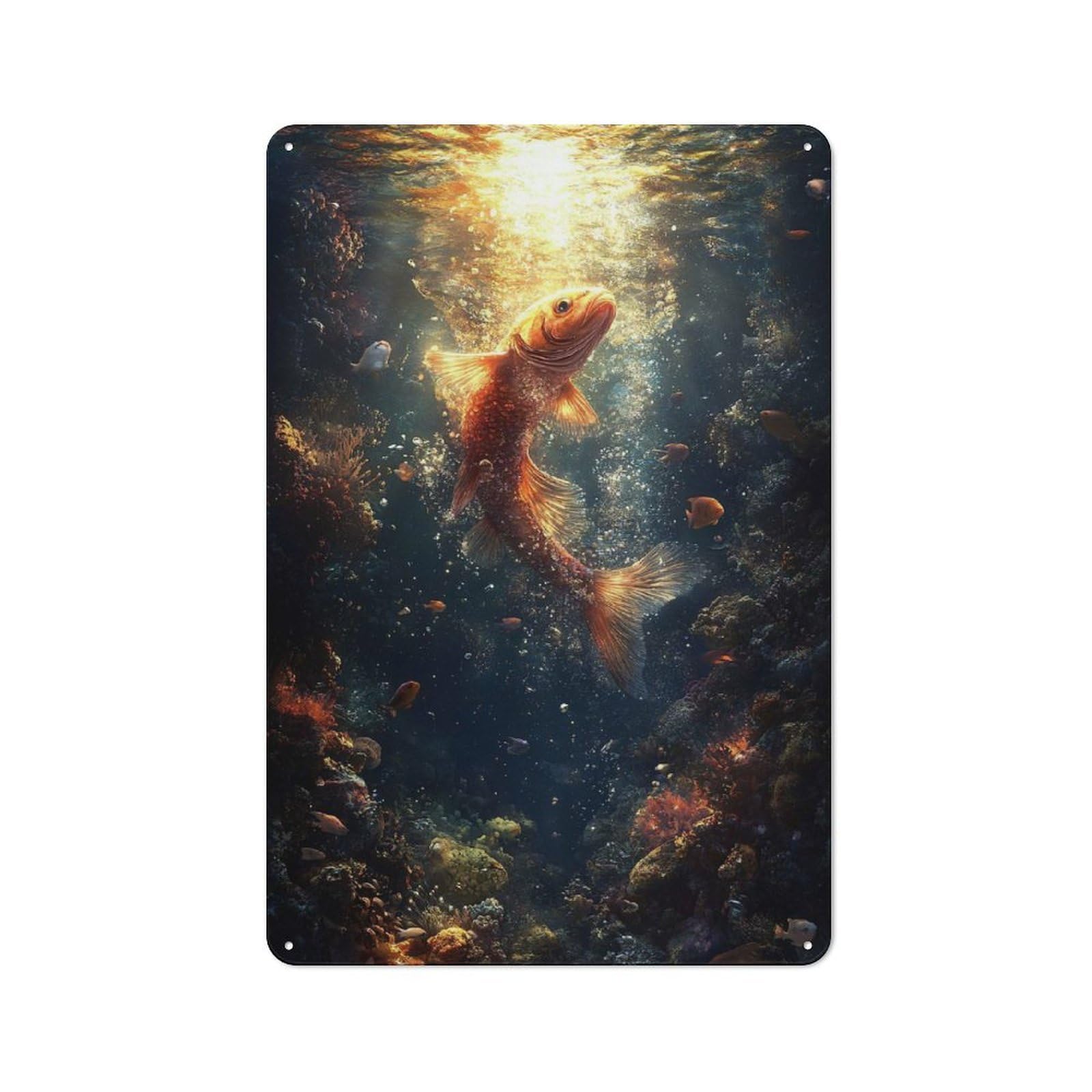 Junmoney Style-17 Retro Metal Wall Sign 30X20cm Featuring Underwater Fish With Coral Reef For Pub Or Café, For Garage, Workshop And Man Cave Decoration