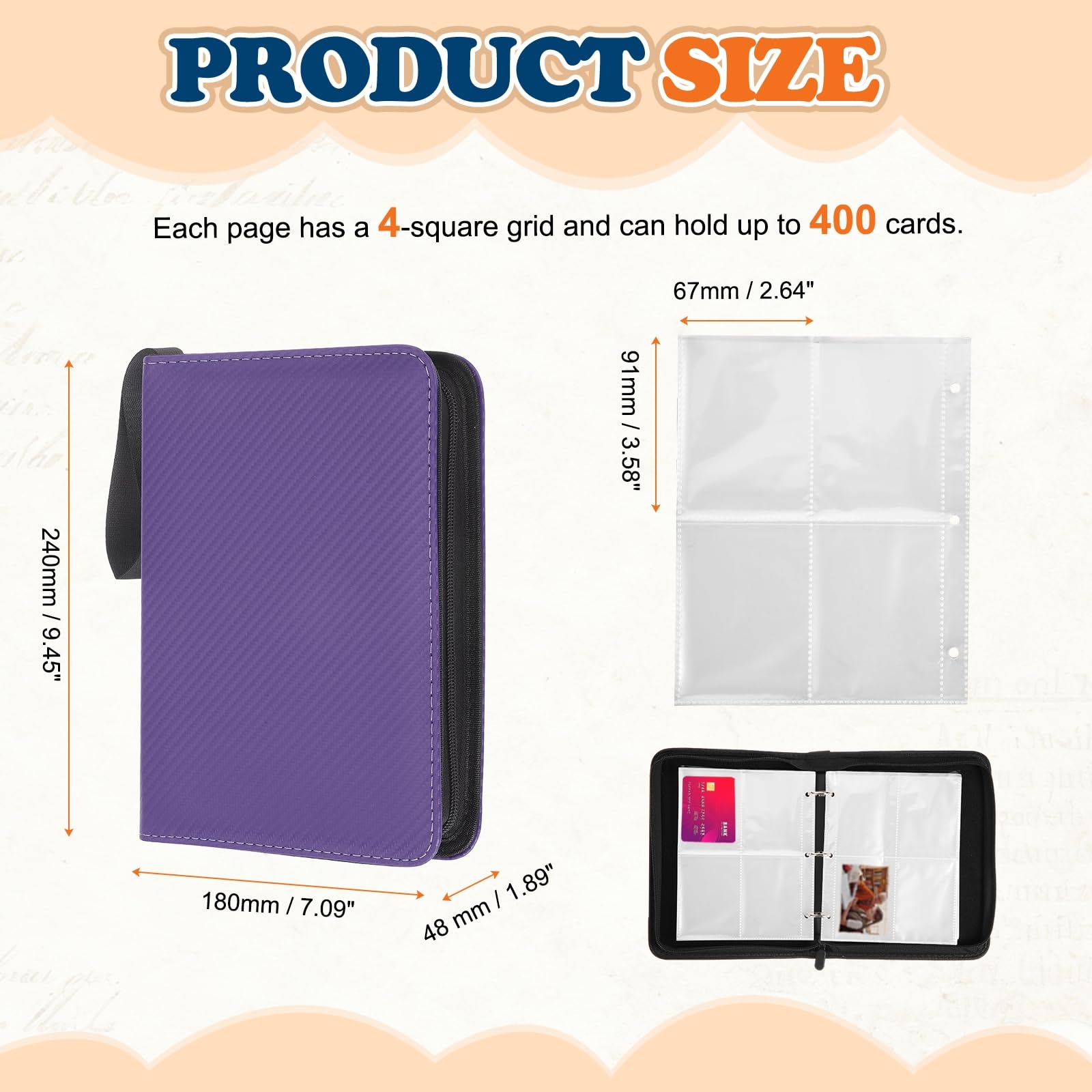 uxcell Raccoglitore per carte collezionabili a 4 tasche, contiene 400 caricatori superiori, copertina in poliuretano leggero con cerniera, raccoglitore per carte rigide da 6,6 x 7,6 cm, per carte da