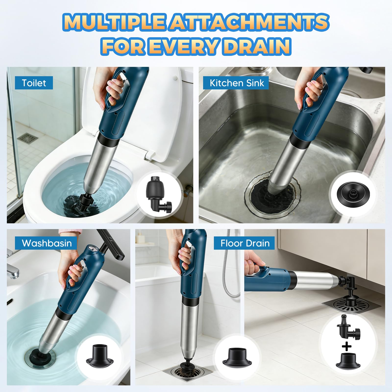 Desatascador Tuberias, Desatascador Pesado con Barómetro Visual, 4 Cabezales Reemplazables para Desatascar Inodoros, Lavabos, Bañeras, Desagües, Suelos, Soporte de Pared Incluido