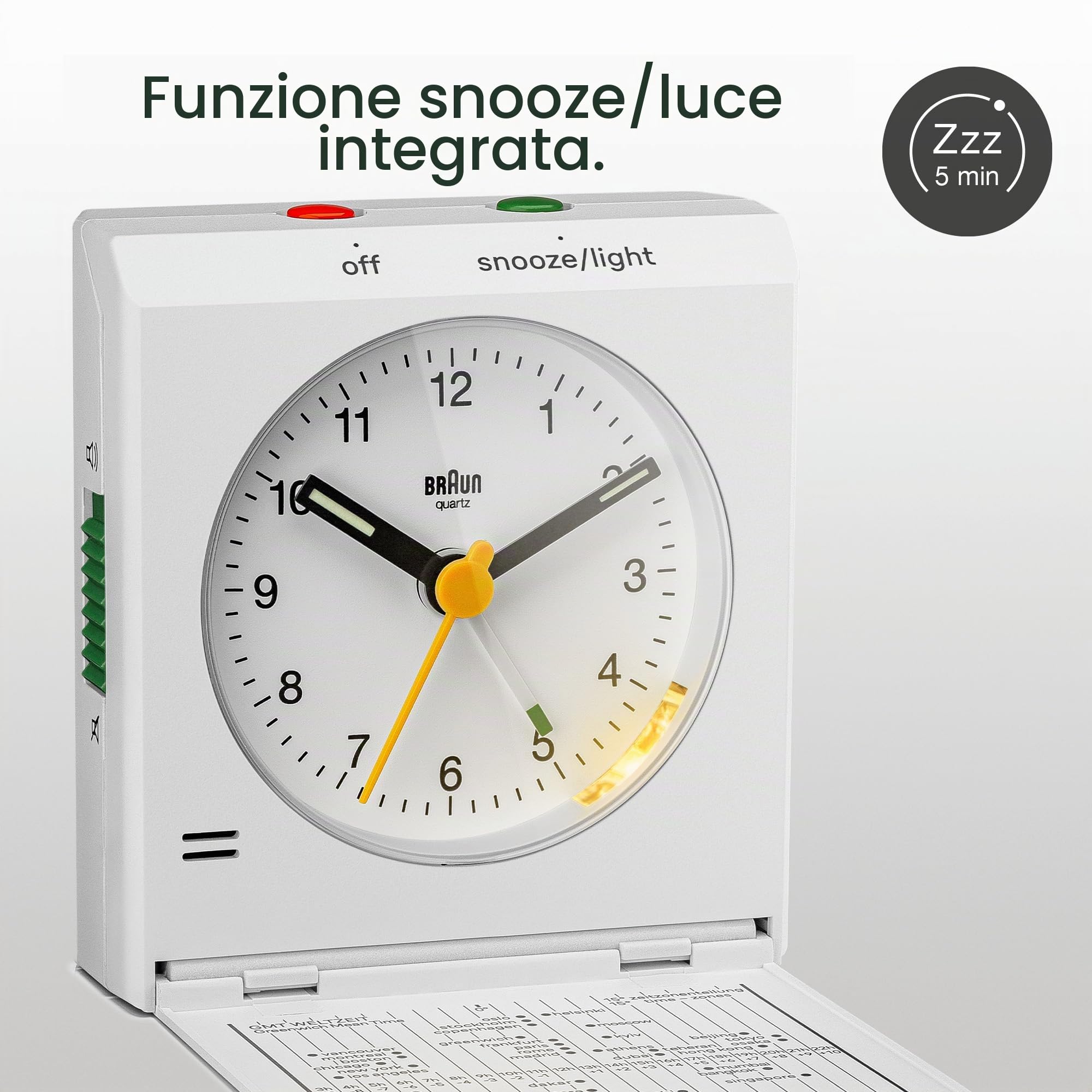 Braun classica sveglia analogica da viaggio con funzione snooze, design vintage, dimensioni compatte, coperchio pieghevole, movimento al quarzo silenzioso, sveglia crescendo in bianco, modello BC05W.