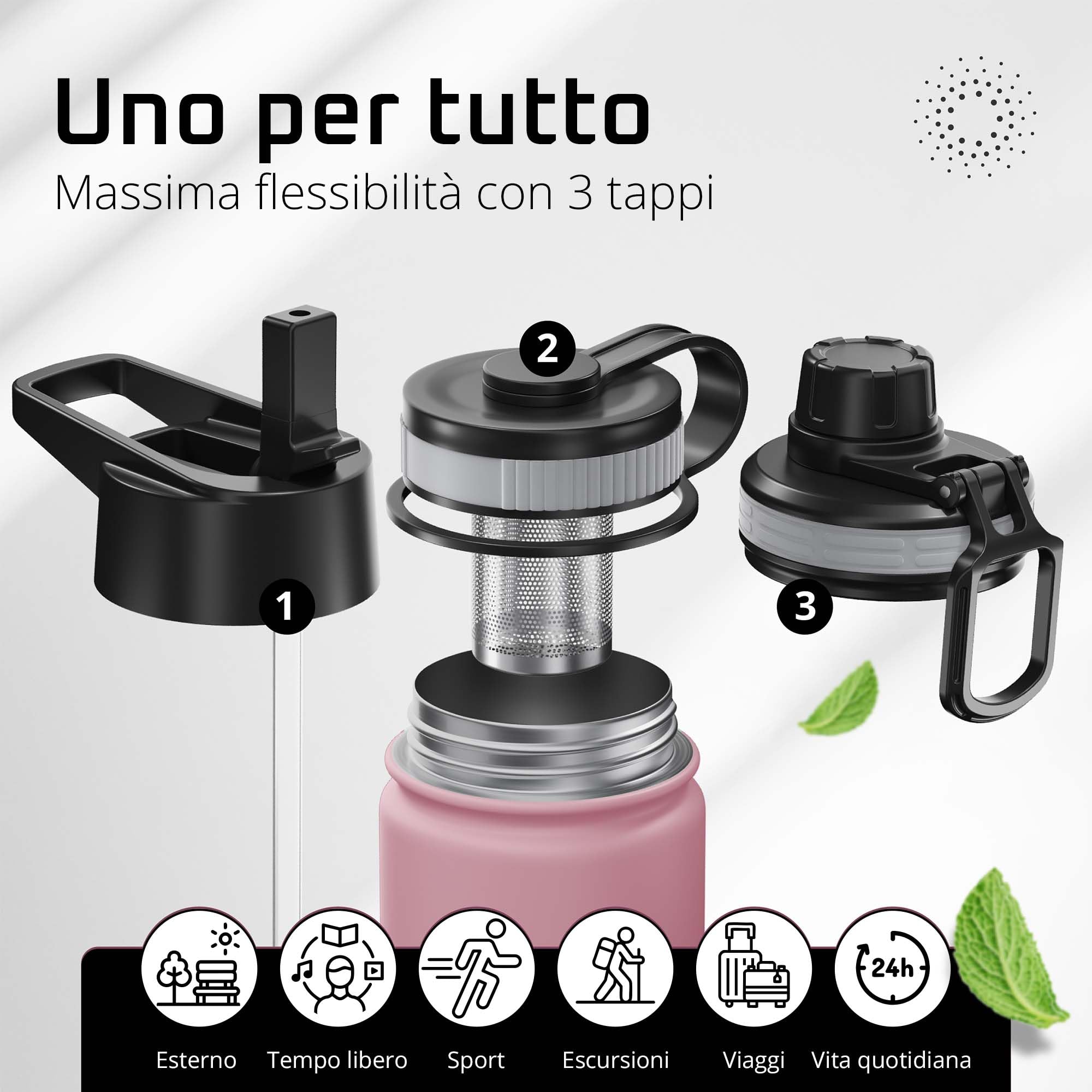Bottiglia Acqua Termica INOX ACTIVE FLASK + Cannuccia (3 Tappi), Senza BPA, 1l/500ml | Borraccia Isotermica Acciaio - Caldo/Freddo, Ufficio Outdoor Sport Bicicletta viaggio fitness, Caffe Te