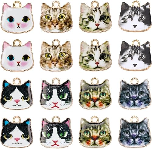 SUNNYCLUE 1 caja de 8 estilos 48 piezas de dijes esmaltados de gato de aleación a granel, cabeza de gato, dijes para fabricación de joyas,