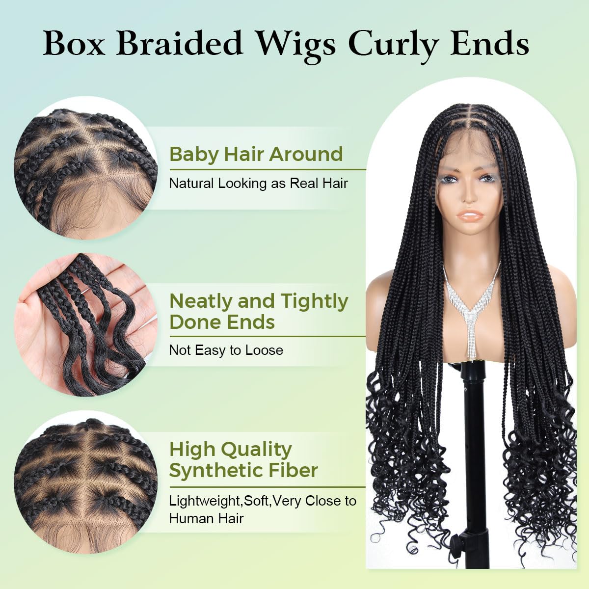 Box Braided Wigs for Black Women, 36 inch 13X8 Lace Box Braid Wigs Curly Ends with Baby Hair Handmade Synthetic Hair,Black