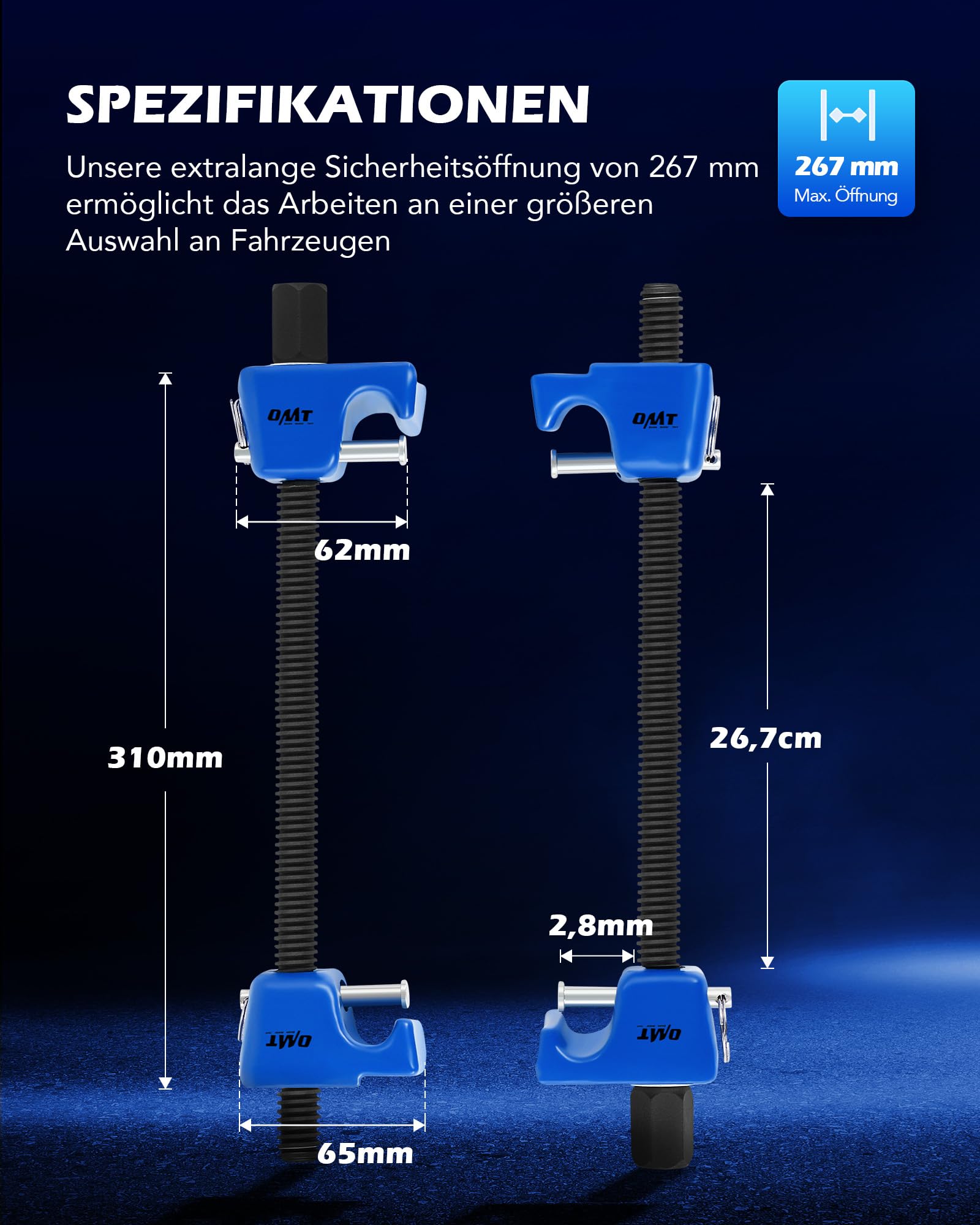 Orion Motor Tech 2-TLG. Federspanner Set für KFZ, Profi Macpherson Federbein Spanner mit 265mm Spannweite, Stoßdämpfer Werkzeug mit Sicherungsstiften, 1/2 Zoll Antrieb & 13/16 Zoll Sechskant