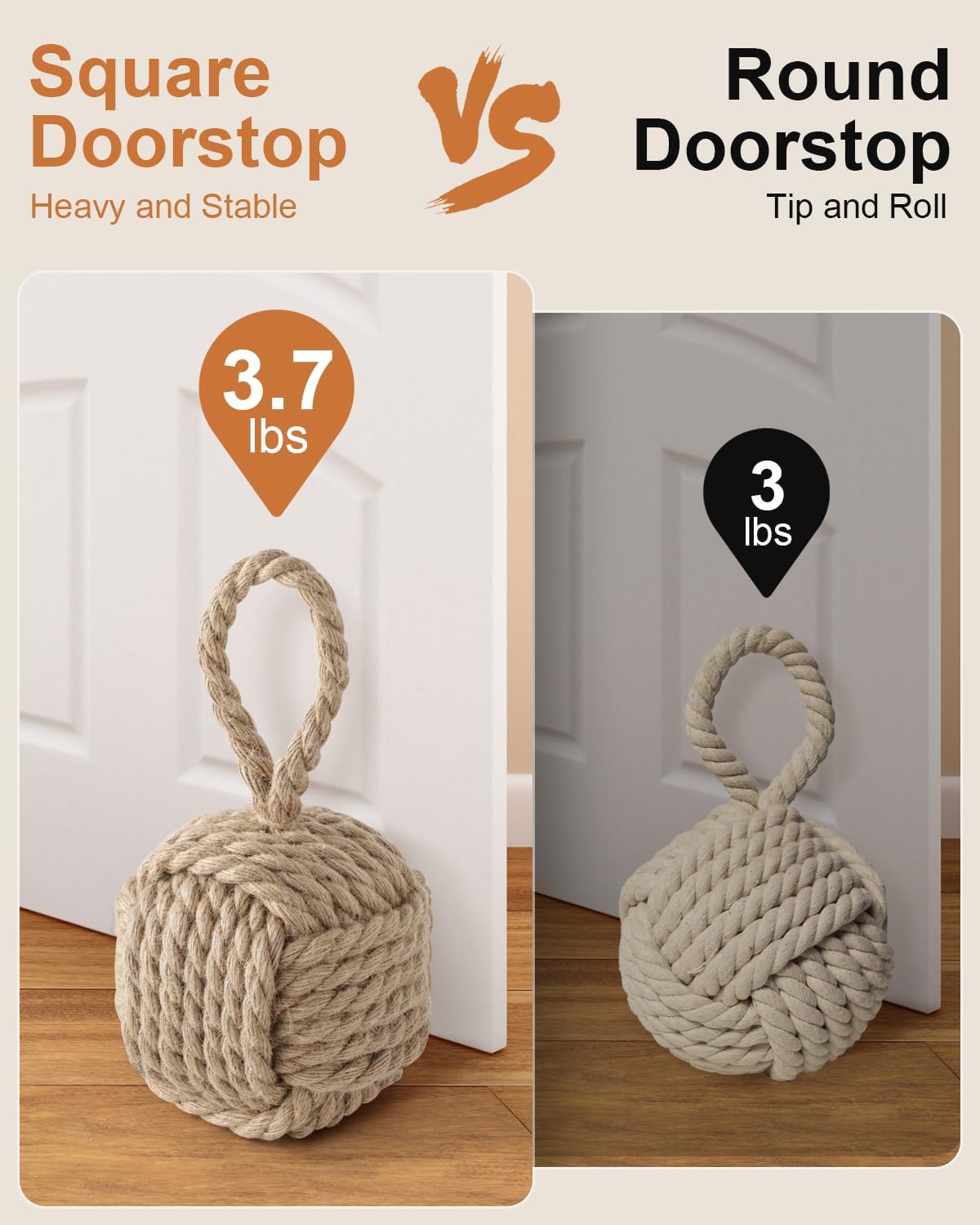 Decorative Door Stoppers, Cute Nautical Decorative Rope Door Stop, Heavy Duty Weighted Doorstop with Handle for Floor, Bedroom & Living Room, Window Wedge & Bookend(Khaki)