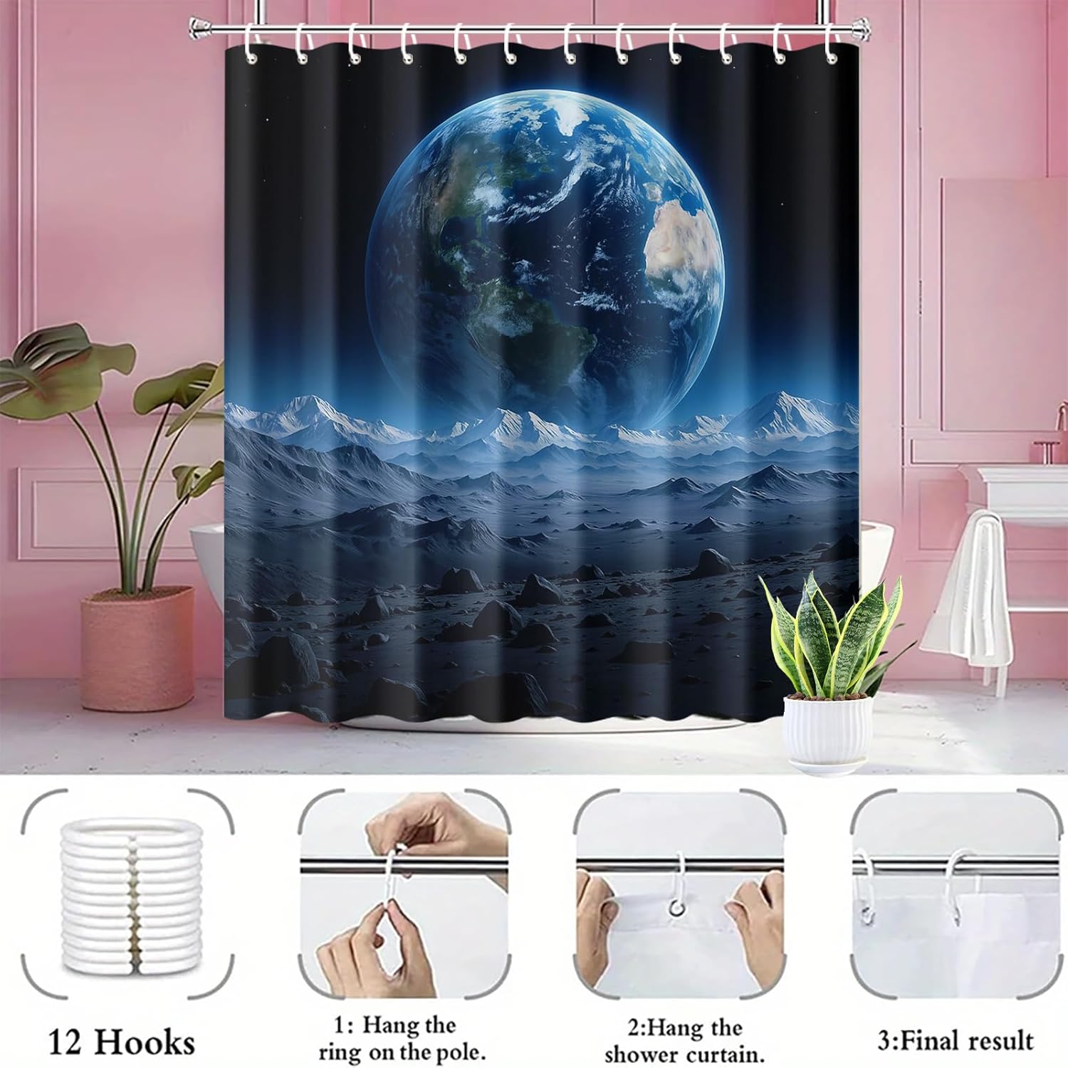 Earth View Shower Curtain 72x72 Inch with Hooks Outer Space Planet Scene Fabric Bathroom Decor with Distant Earth and Alien Terrain for Astronomy Sci Fi Lovers Cosmic Bathtub