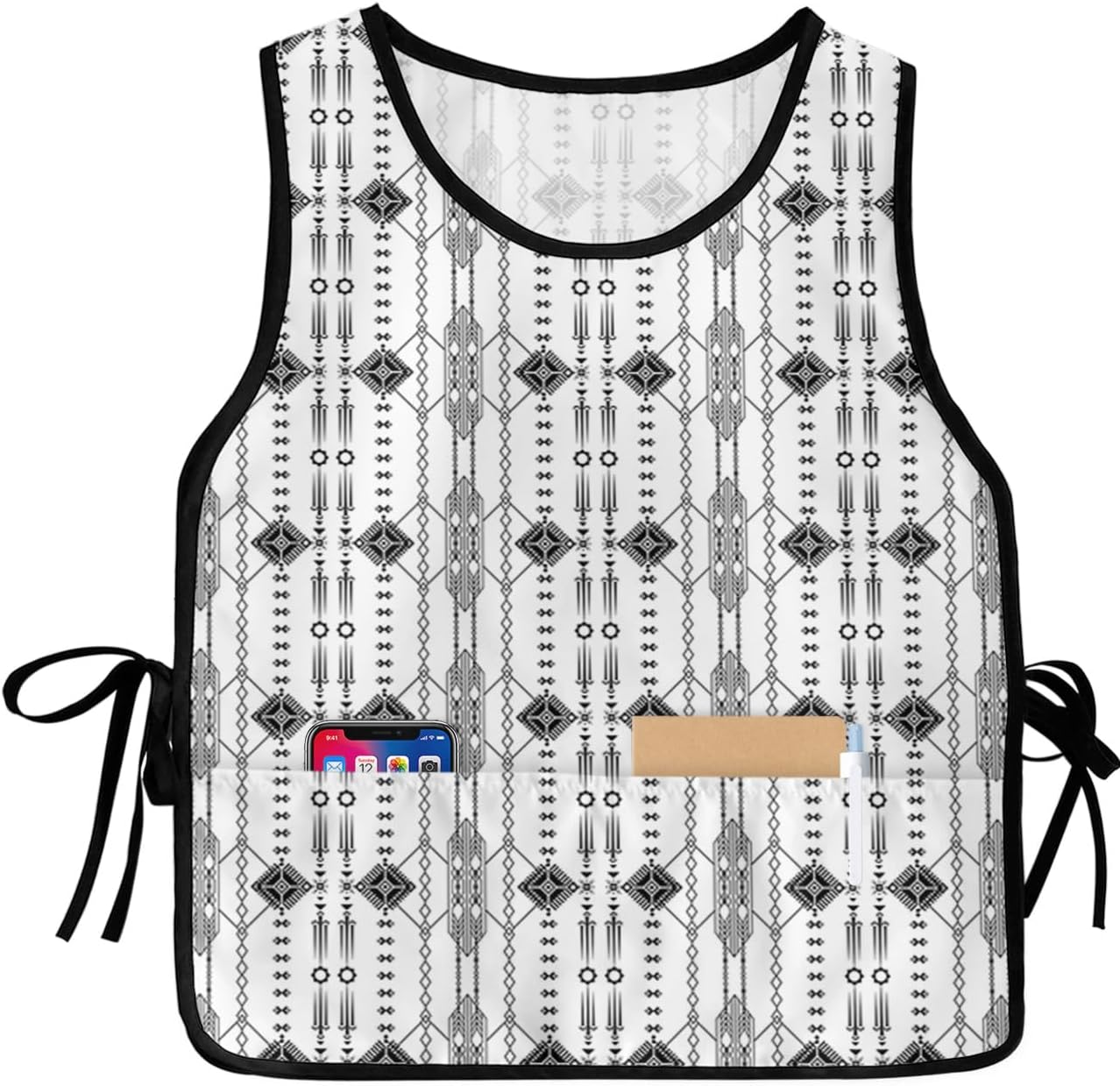 Black Indian Boho Cobbler Aprons with 2 Large Pockets for Men Women, Unisex Smock Apron for Chef Clothing Protector