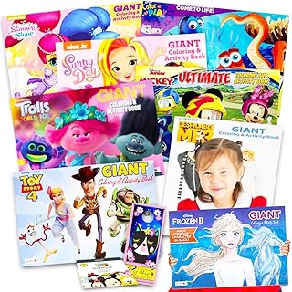 Disney Junior Gigantic Coloring Book Set for Girls Boys Kids - 8 Giant Coloring Books and 100 Stickers (Mickey and Minnie Mouse, Frozen, Trolls, More)
