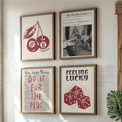 Miniatura 3 de JXREQ Juego de 4 pósteres retro de moda Y2K de la suerte roja de la suerte de 8 bolas de cereza con dados de Happy Hour, decoración de carrito de