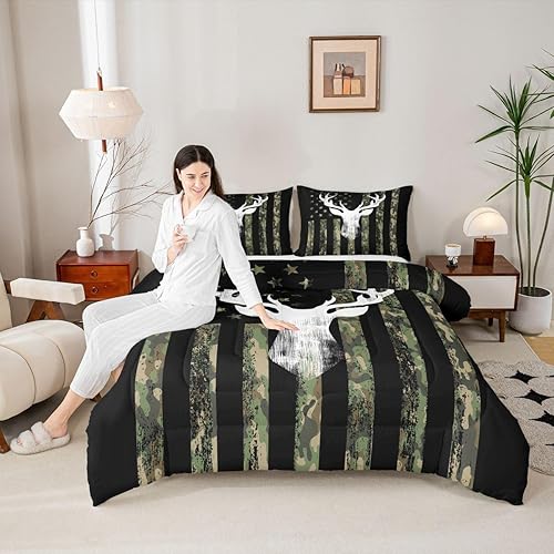 Miniatura 4 de Erosebridal Juego de ropa de cama rústica de ciervo, diseño de camuflaje verde militar, bandera estadounidense, juego de edredón King para niños y