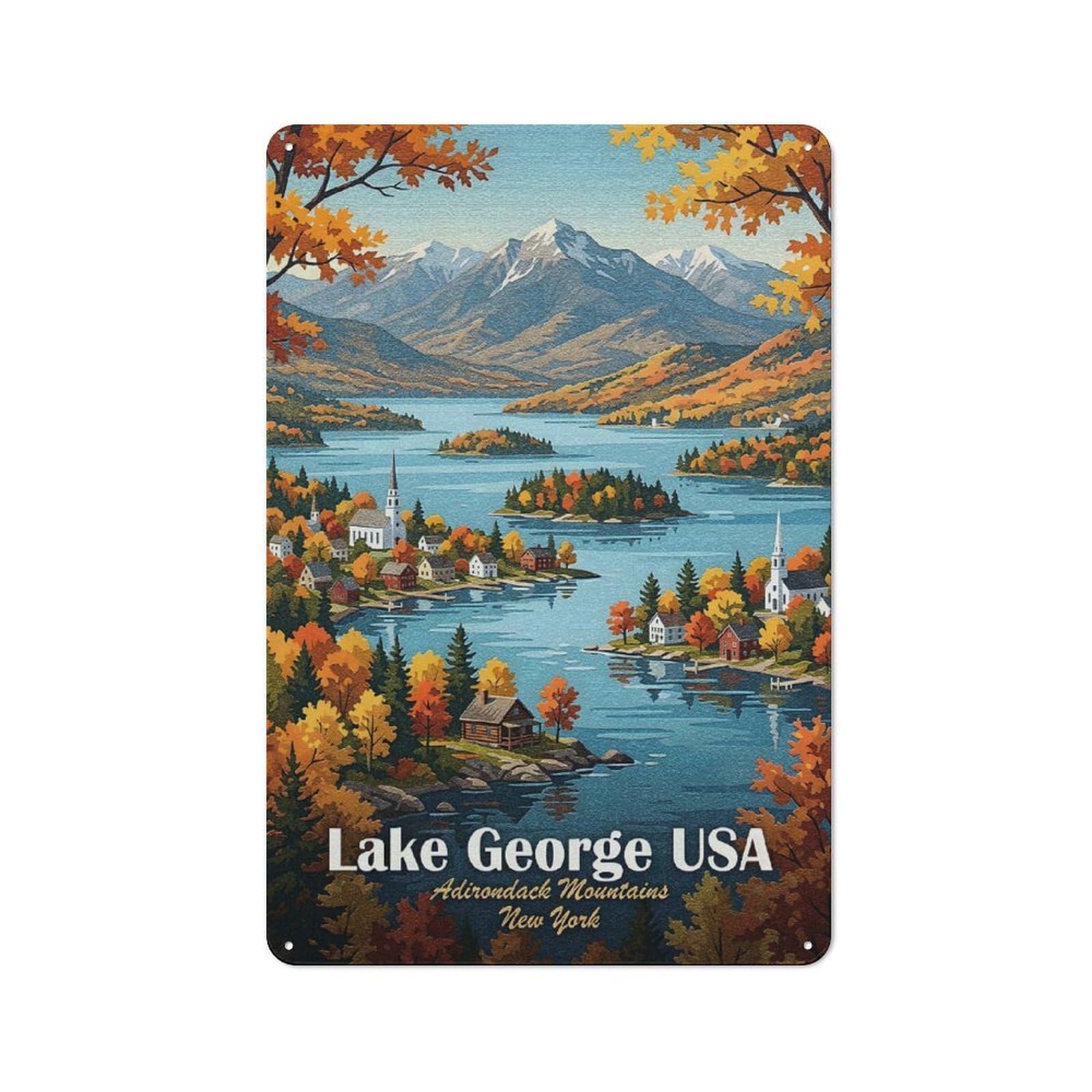 Junmoney Style-13 Lake George Usa Autumn Landscape Rustic Metal Plaque 30X20cm For Living Room Or Hallway, For Garage, Workshop And Man Cave Decoration