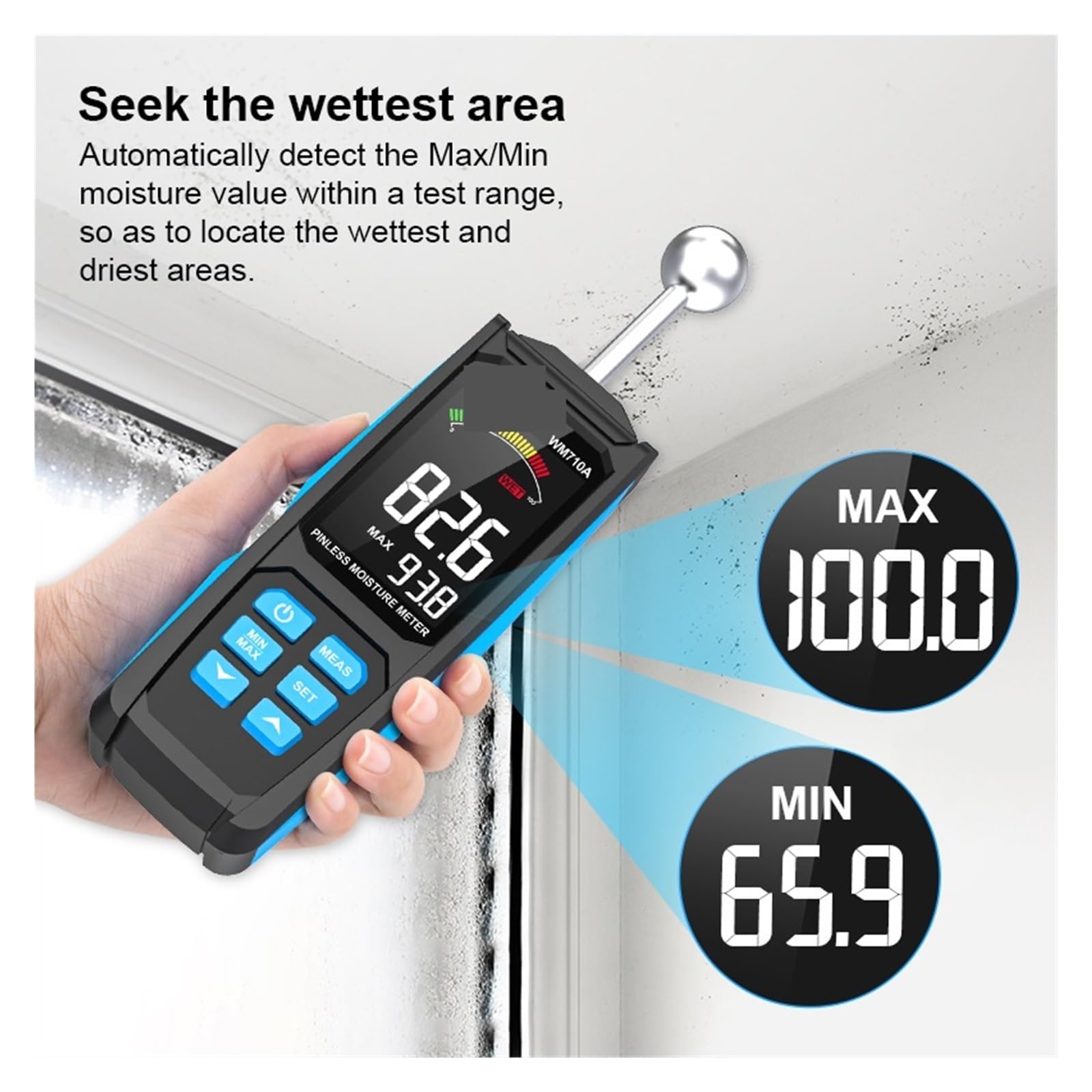 Digitaler Holzfeuchtemesser, Detektor, Alarmfunktion, Tester, Berührungsloses Hygrometer, Luftfeuchtigkeit