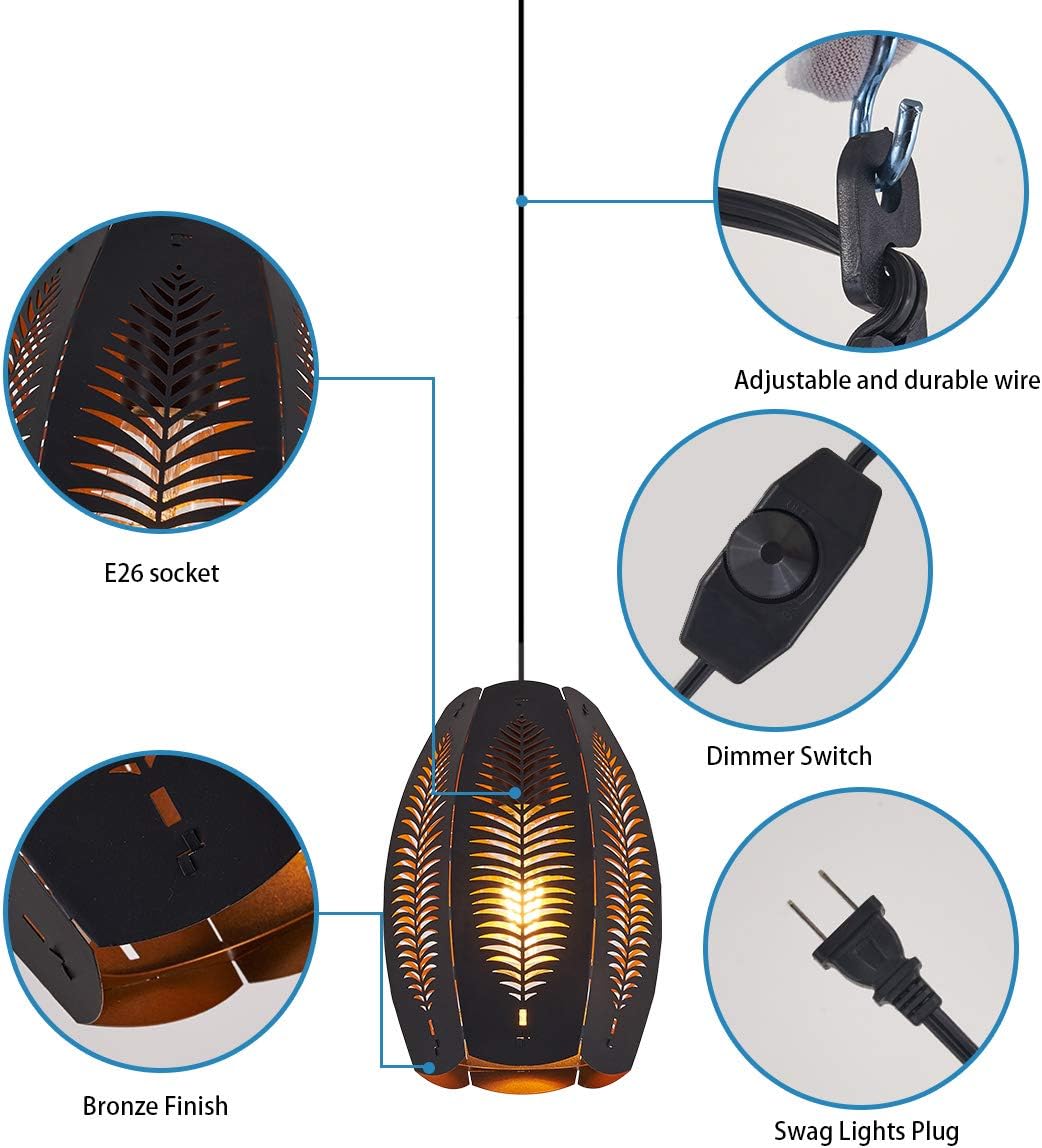 YLONG-ZS Plug-in Dimmable Pendant Light, Black Metal Leaf Cutout Hanging Lamp with Gold Interior, Bohemian Farmhouse Light Fixture for Bedroom Kitchen Dining Room, E26 Base