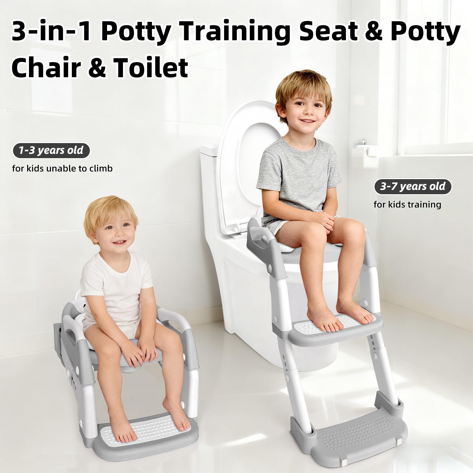 Sedile per vasino, per bambini, ragazzi e ragazze, 3 in 1, per imparare a usare il vasino, con scaletta, antiscivolo, pieghevole (grigio + bianco)