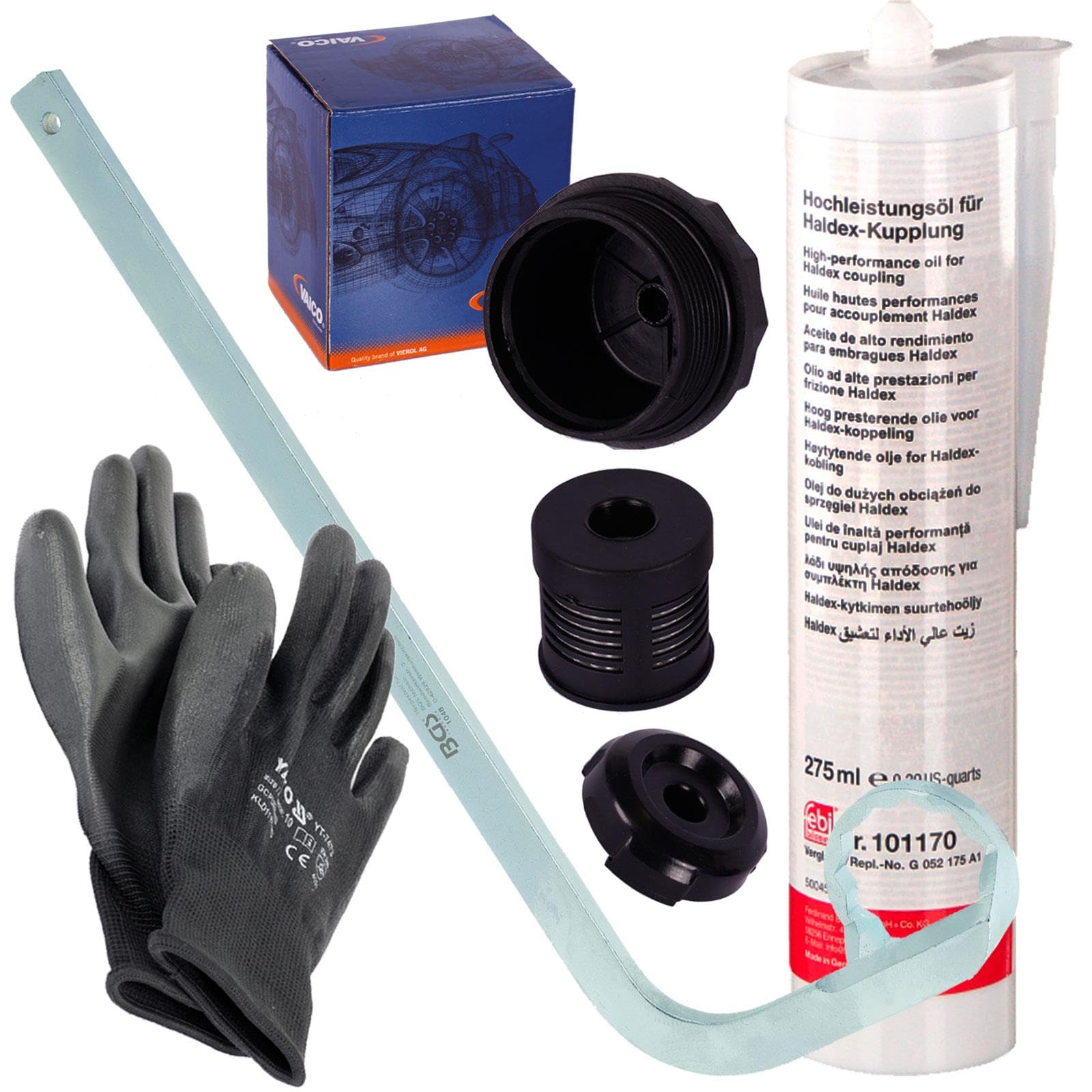 Vaico Hydraulik Haldex Getriebe Filter+Febi Öl | V10-2685 + Getriebeöl+Schlüssel+Handschuhe für Golf IV Bora 1J A3 8L