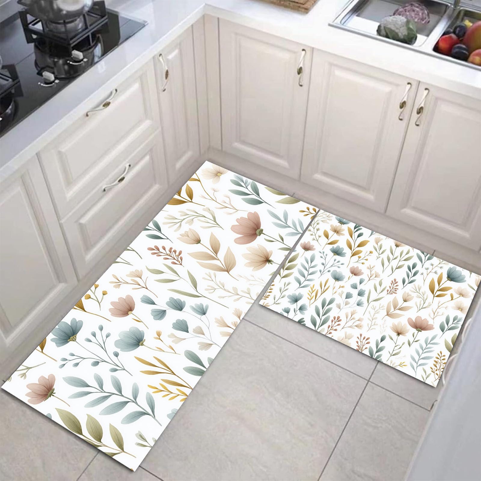 Juego de alfombras de cocina lavables de 2 piezas estilo acuarela