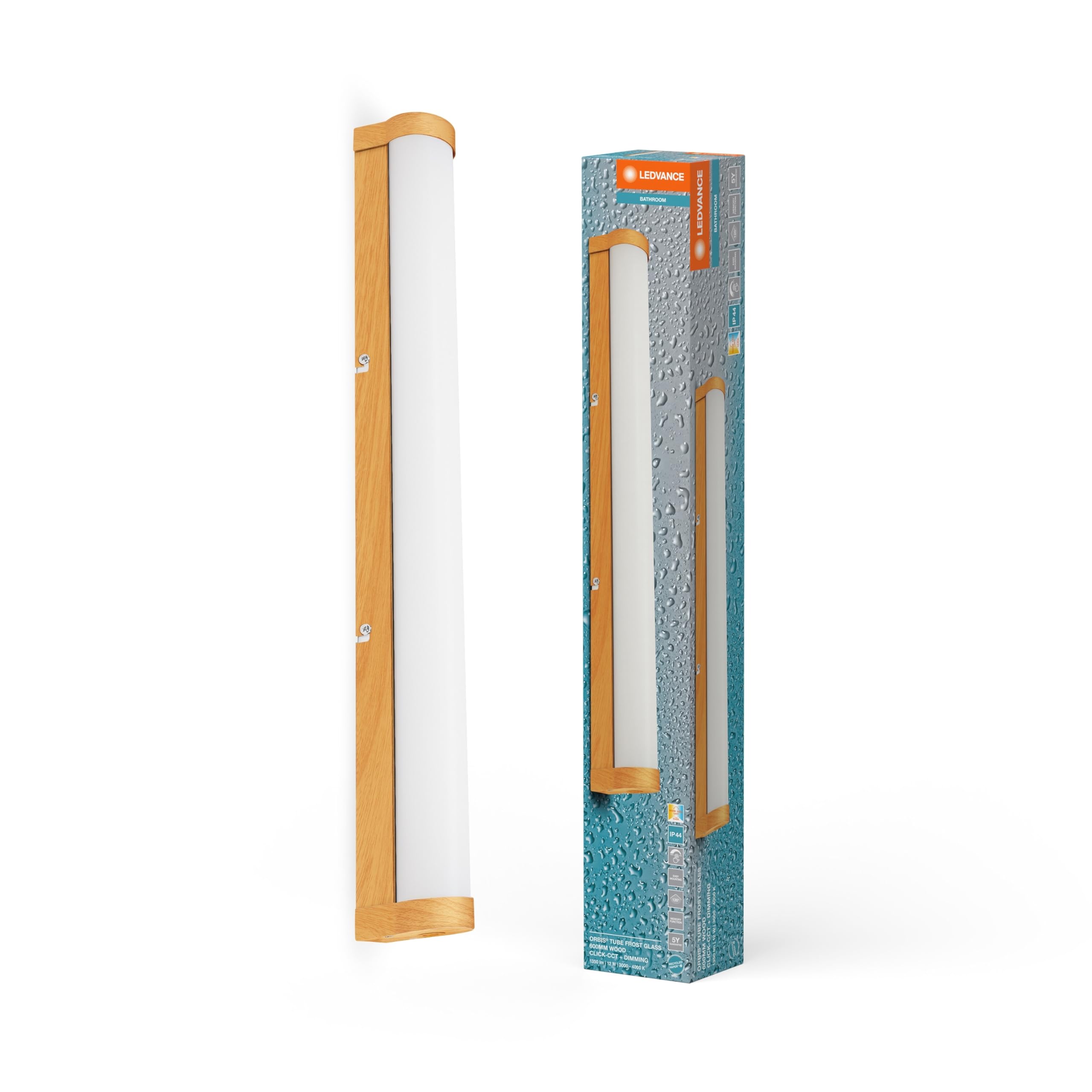 LEDVANCE ORBIS LED Tube Spiegel-/Wandleuchte, Glas/Holzdekor, 12W, 1200lm, Dimbar, 3000/4000K über Wandschalter einstellbar, 60 cm Durchmesser, IP44 Schutz VOR Fremdkörpern/Spritzwasser
