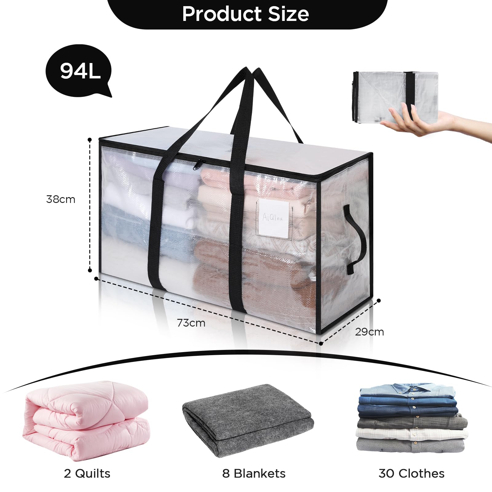Cozary 94L Borsa Portaoggetti Grande, 4 Pezzi Impermeabile Borse Trasloco per Vestiti con Cerniera e Maniglia, Pieghevole Scatole Armadio per Vestiti, Piumoni,Trapunte, Trasparente