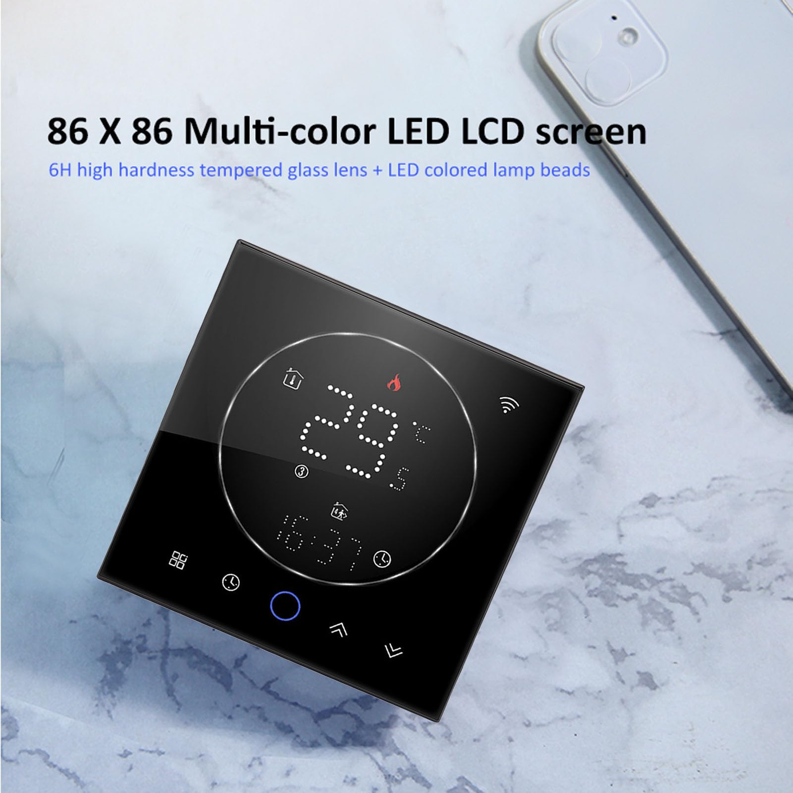 Thermostat Intelligent, Commande Vocale AC95~240V, PC et ABS, Thermostat de Maison Intelligente Programmable IP20 pour Bureau (Black)