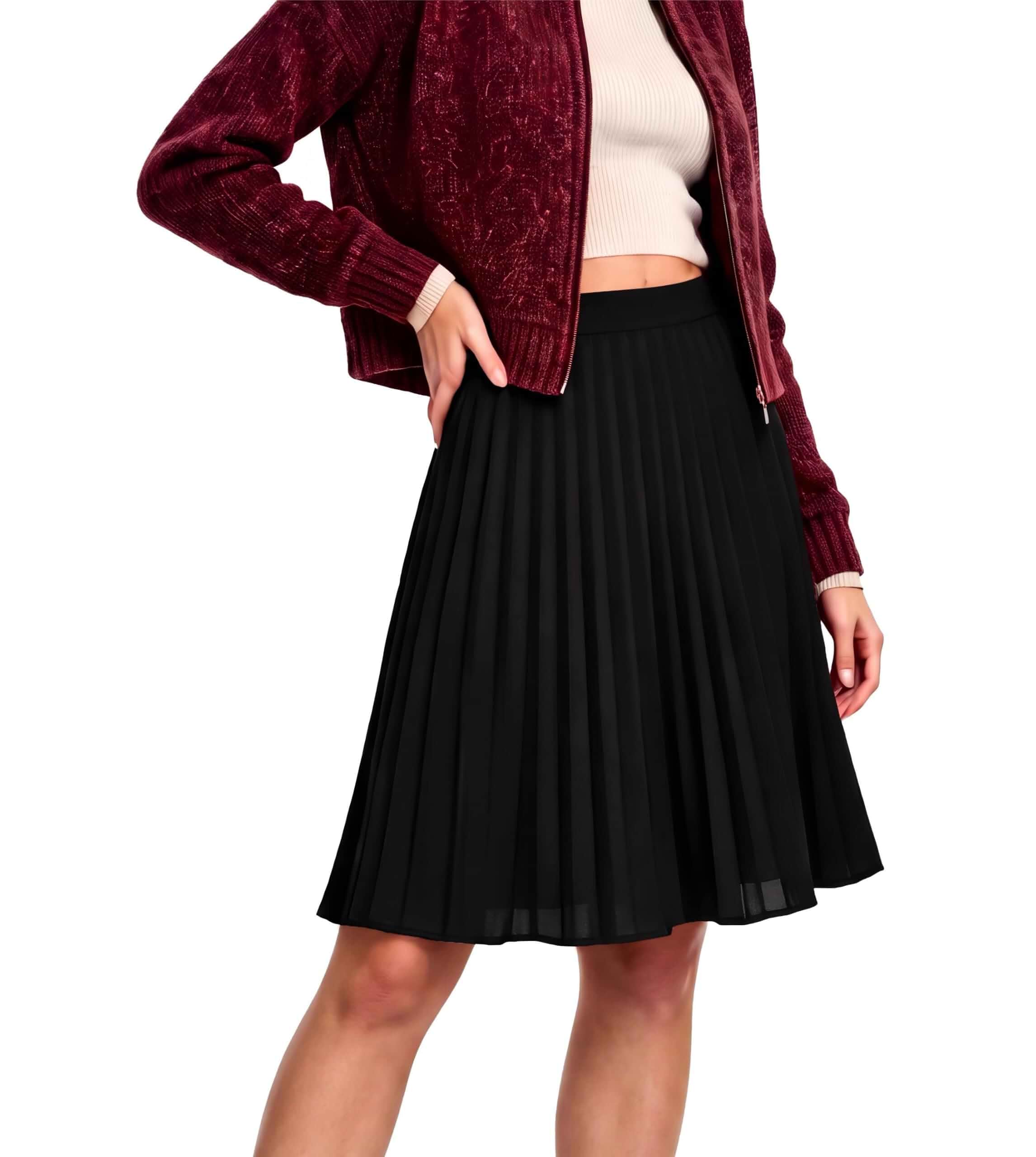 Jouica Womens Pleated Midi Skirt A-Line Elastic Mid-Rise Skirts for Women Flattering A-Line Silhouette,Elastic Waistband,Knee Length,Breathable Polyester Blend,Bound Hem Detail