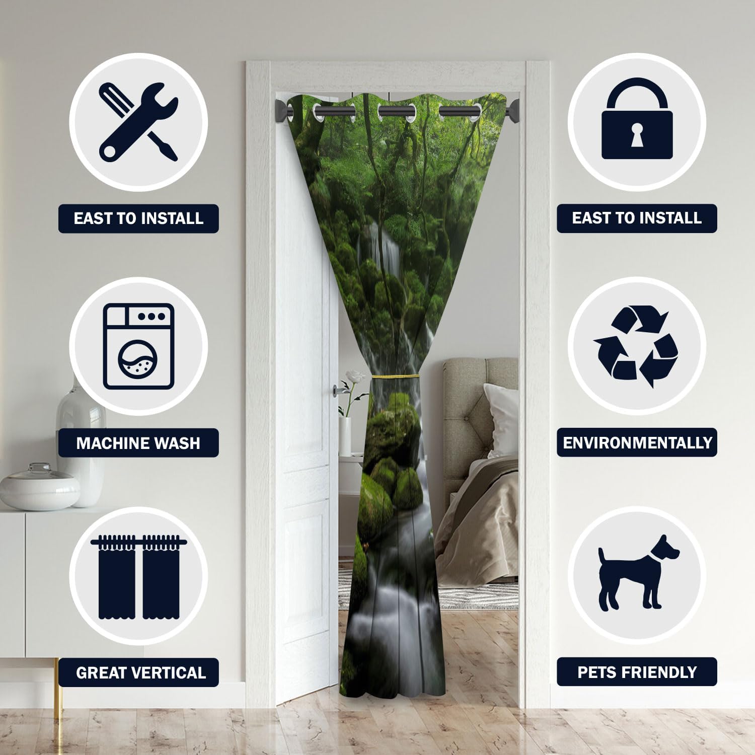 Forest Door Curtains for Doorways, Waterfall Nature Green Wild Trees Mystic Fog Blackout Curtain for Kids Bedroom Closet, Grommet Thermal Insulated Privacy Door Drapes for Room Divider, 34"W x 80"L