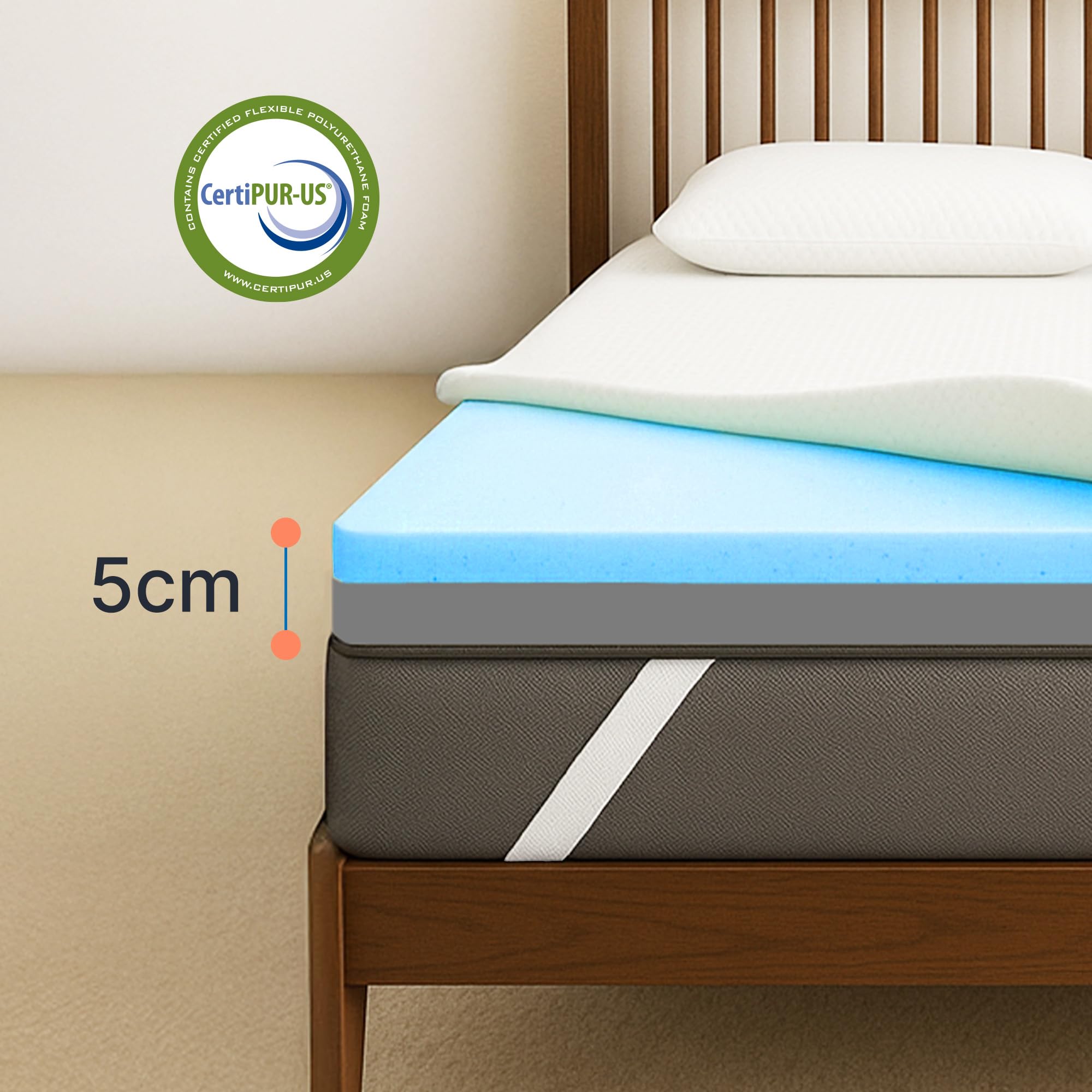 MKS Surmatelas 80x200 Memoire de Forme 5cm H3 & H4 – Mattress Topper Mousse Gel Viscoélastique – sur Matelas Respirant & Rafraîchissant – sur-Matelas pour Adulte avec Housse Bambou Antidérapant