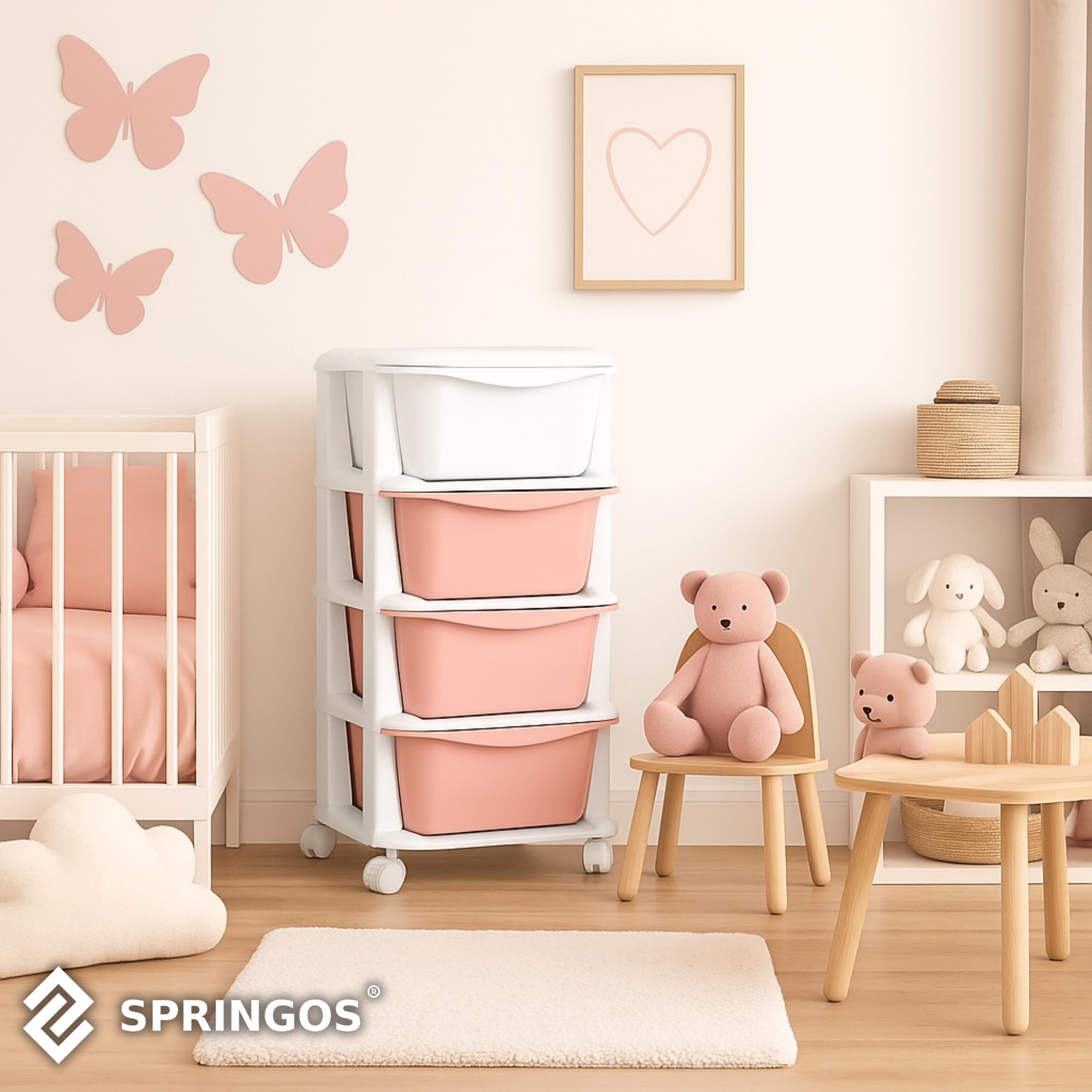 SPRINGOS Scaffale in plastica con 4 cassetti su ruote per giocattoli e accessori, organizzatore mobile per camera dei bambini e bagno