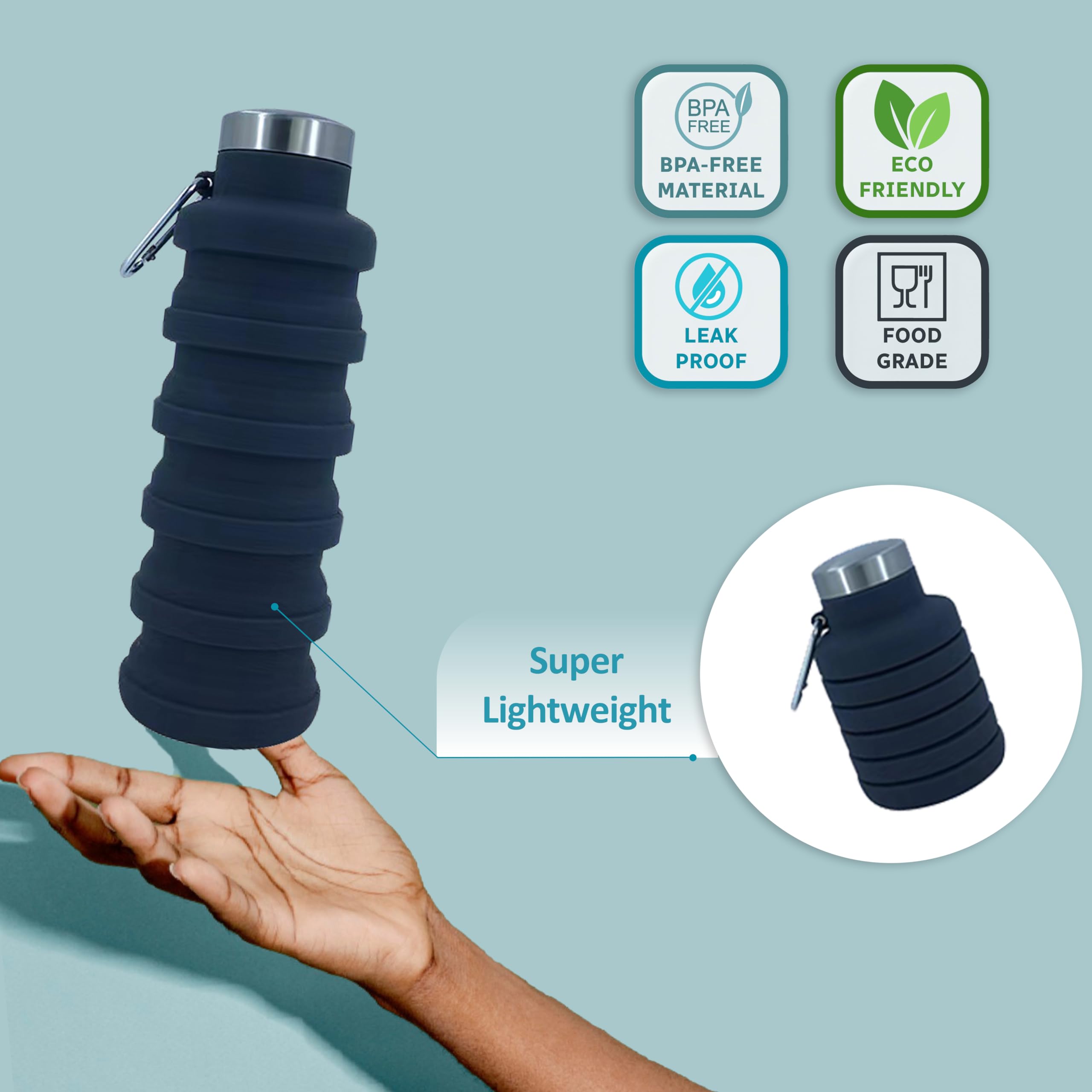 Faltbare Wasserflasche, BPA-freies Silikon und auslaufsicher, lebensmittelechtes geruchloses Silikon, perfekt für Reisen, Fitness, Fitnessstudio, Sport, Wandern, Camping und