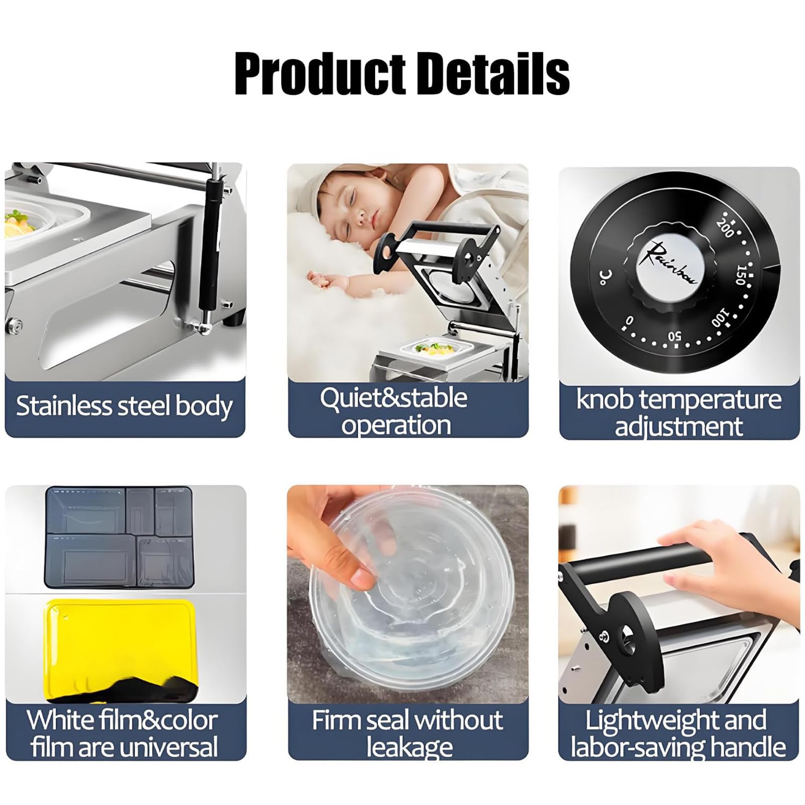 Selladora térmica manual para bandejas de comida para llevar, ideal para cajas y envases, máquina de envasado eficiente con una velocidad de sellado de 7 a 8 veces por minuto, color plata, 18 x 13 cm
