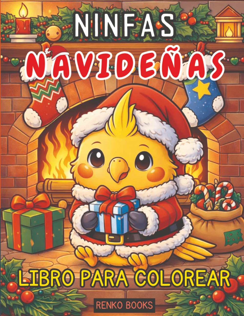 Libro para colorear de ninfas navideñas: Adorables aves festivas, perchas nevadas y alegres escenas de árboles de Navidad para todas las edades.