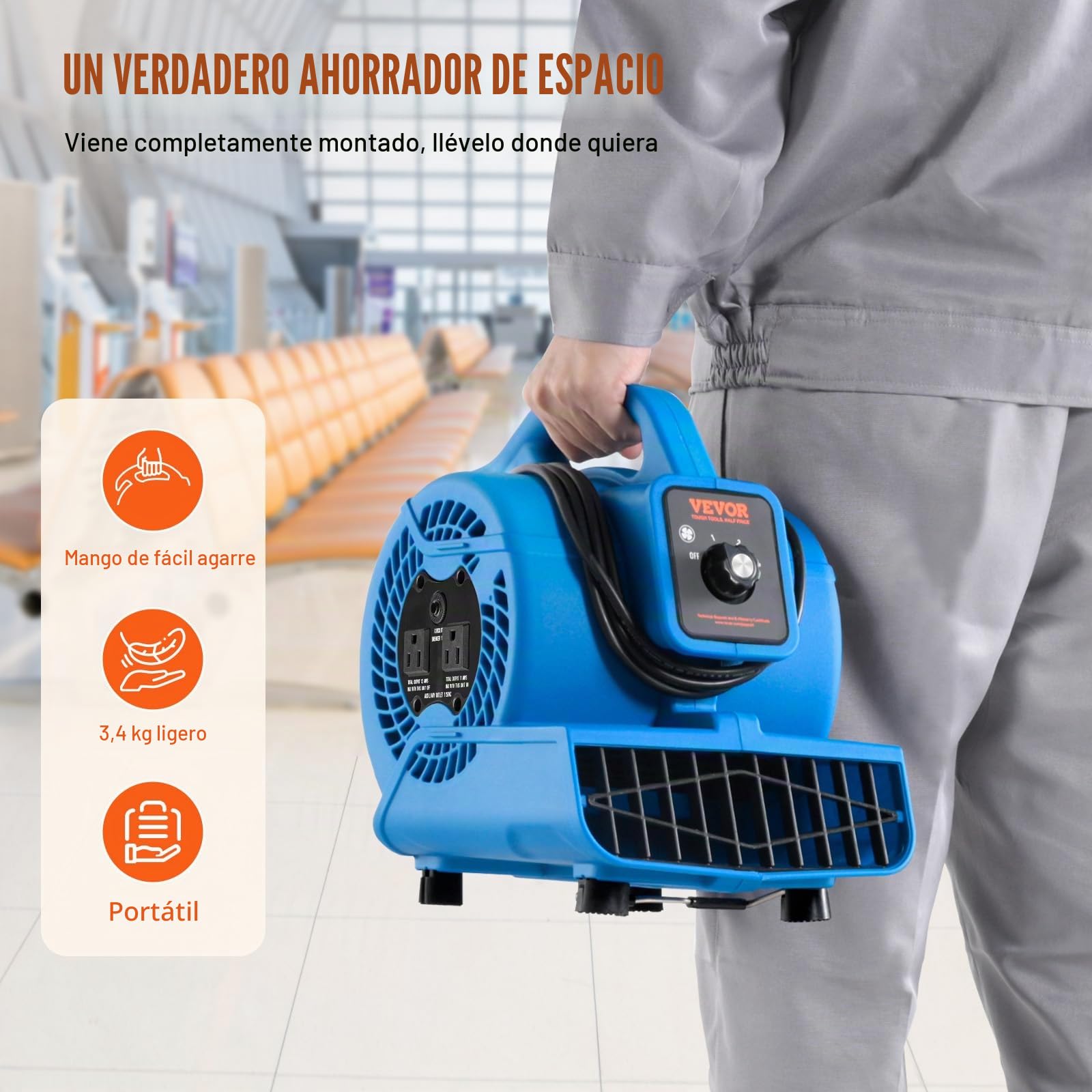 VEVOR Soplador de Suelo 1360 RPM Ventilador de Secado por Enfriamiento 17 m³/min Secador de Alfombras Portátil 4 Ángulos de Soplado Temporizador 3 Velocidades para Limpieza, Hogar, Comercial
